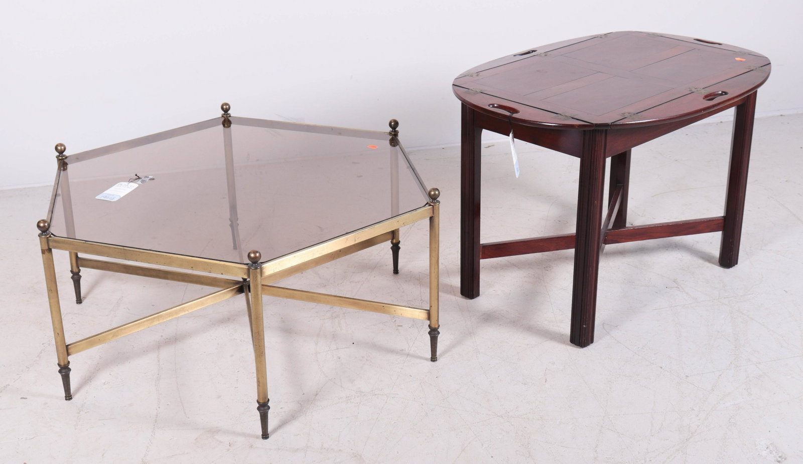 Brass Octagonal glass top coffee table: Brass Octagonal glass top coffee table, smoked glass top, Chippendale style mahogany butler's coffee table, largest 16-1/2"h x 37"diameter