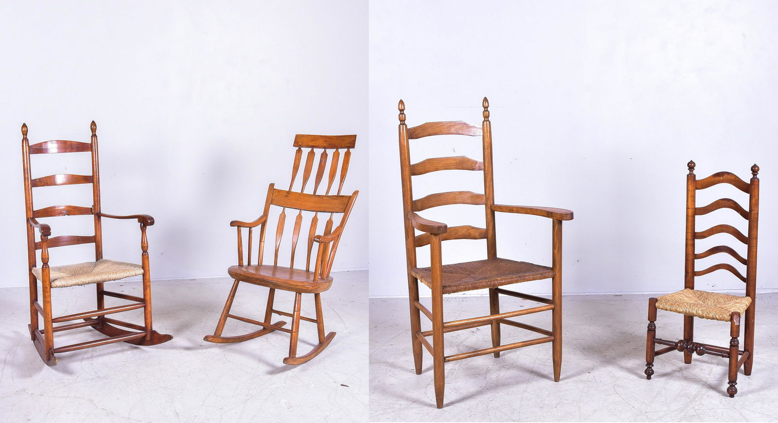 (3) Ladderback chairs, Combback Windsor chair: (3) Ladderback chairs, one arrowback rocker, three with woven seats, one ladderback rocker, largest 45"h, seat height 17-1/2"h