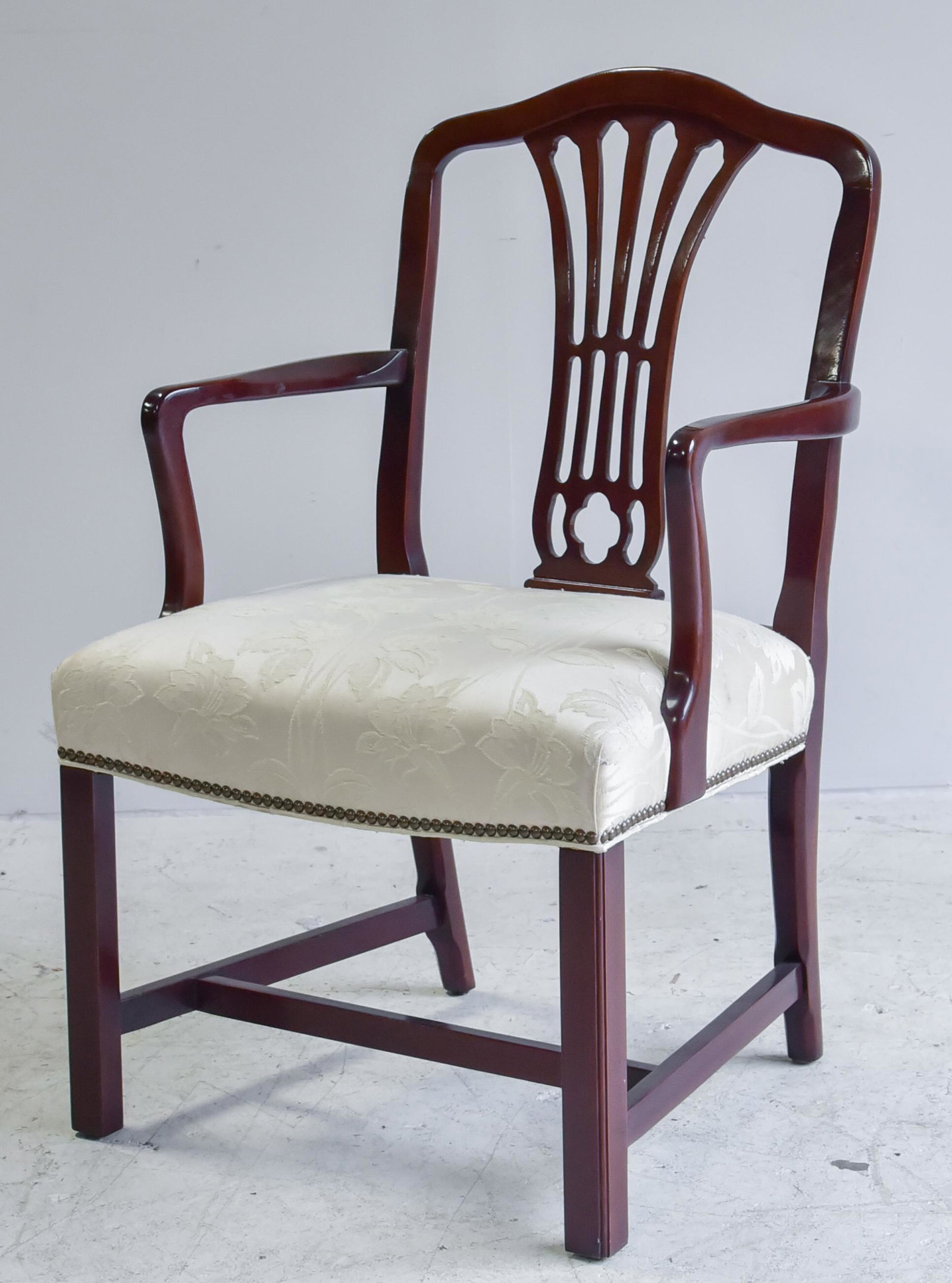 Chippendale style mahogany armchair: Chippendale style mahogany armchair, OH 38 1/2" OW 21 1/2" OD 19,"