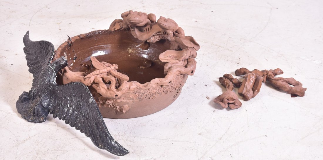 Metal eagle with wings open, terracotta frog bird bath: Metal eagle with wings open, along with terracotta frog bird bath, bird bath with damages, 5"h x 20"diameter