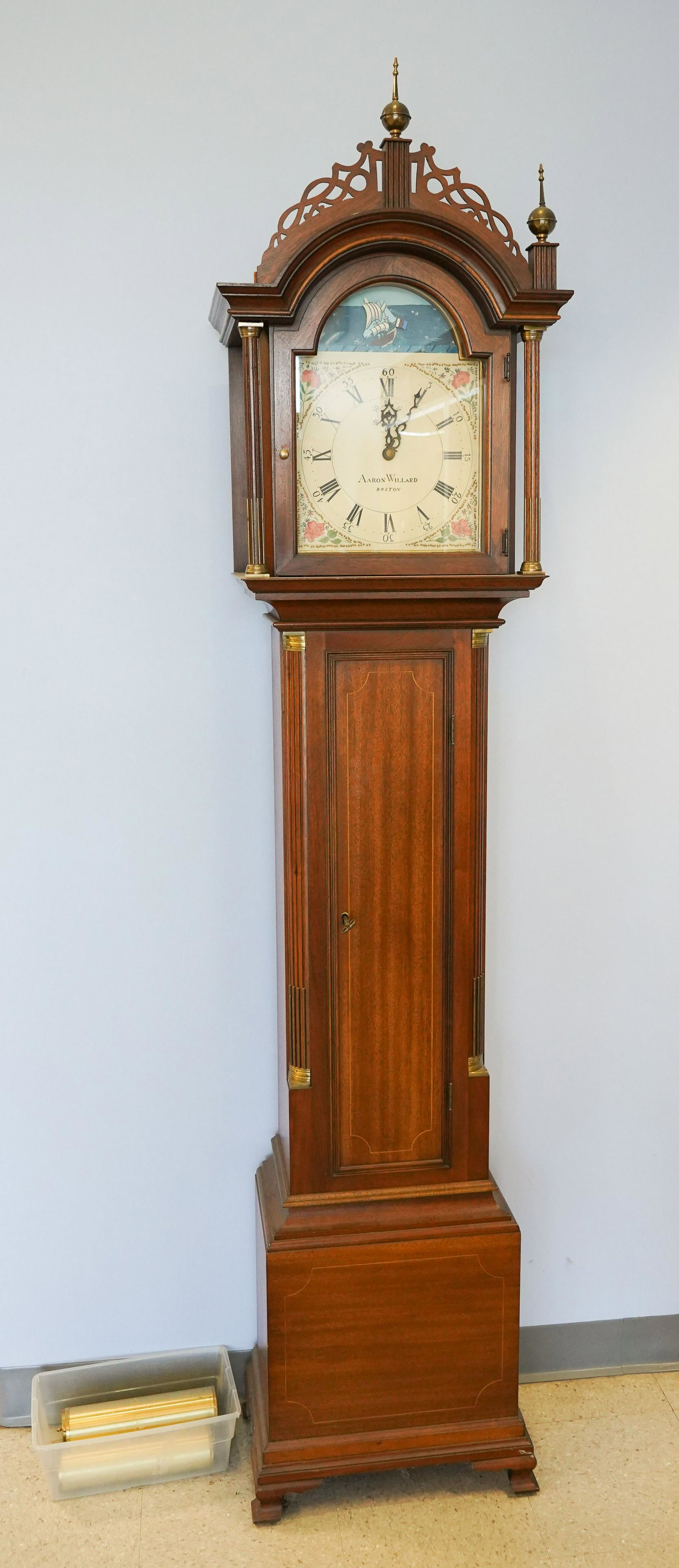 Inlaid Mahogany Hall Clock, dial signed Aaron Willard: Inlaid Mahogany Hall Clock, dial signed Aaron Willard, double weight driven, German movement, late 20th c, 84" tall