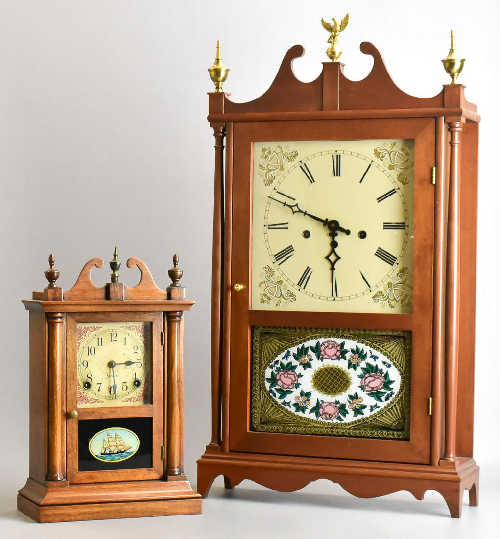 Mason & Sullivan Pillar & Scroll Clock, Sessions Clock: Mason and Sullivan Mahogany Pillar & Scroll Shelf Clock, movement chiming on 5 rods, marked, "Made in West Germany to Mason and Sullivan's Exclusive Specifications. No Jewels", 31" h; along with a Mah