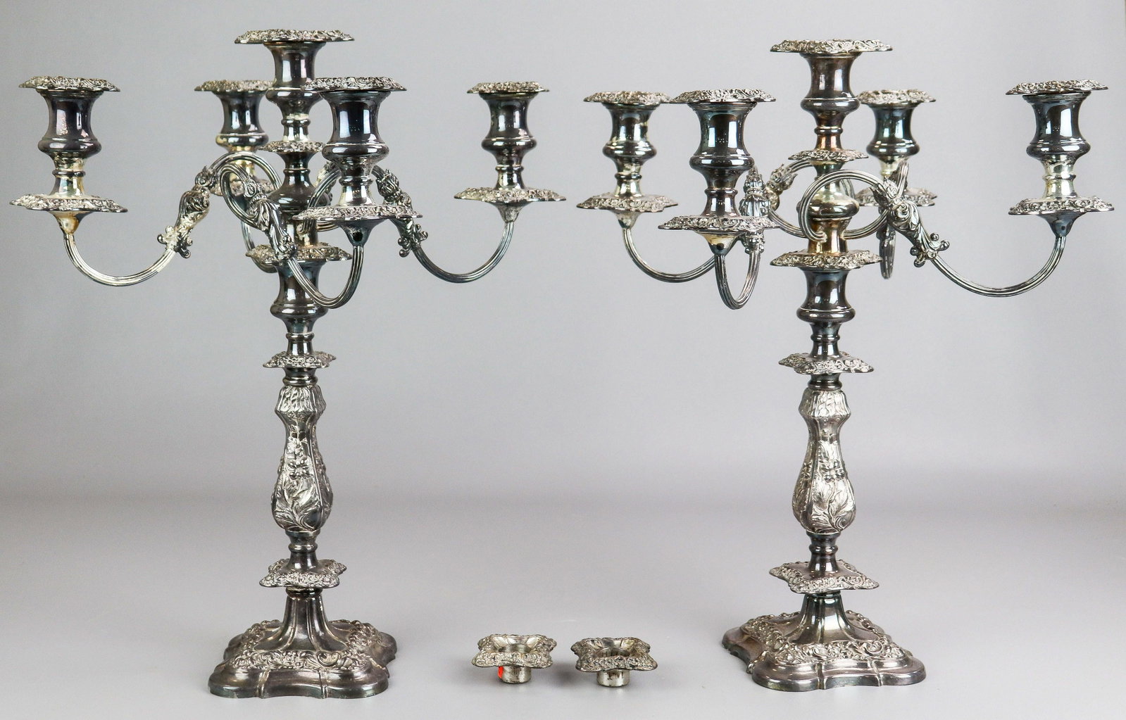 Pair of Silver Plate 5-Light Candelabra: Pair of silver plate 5-light candelabra, with 2 additional bobeches, 18-1/2" h