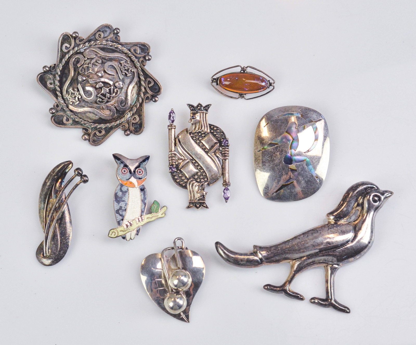 Sterling Silver Pins: (8) Sterling Pins, largest 4", one w/stone, enamel, 4.58 TO