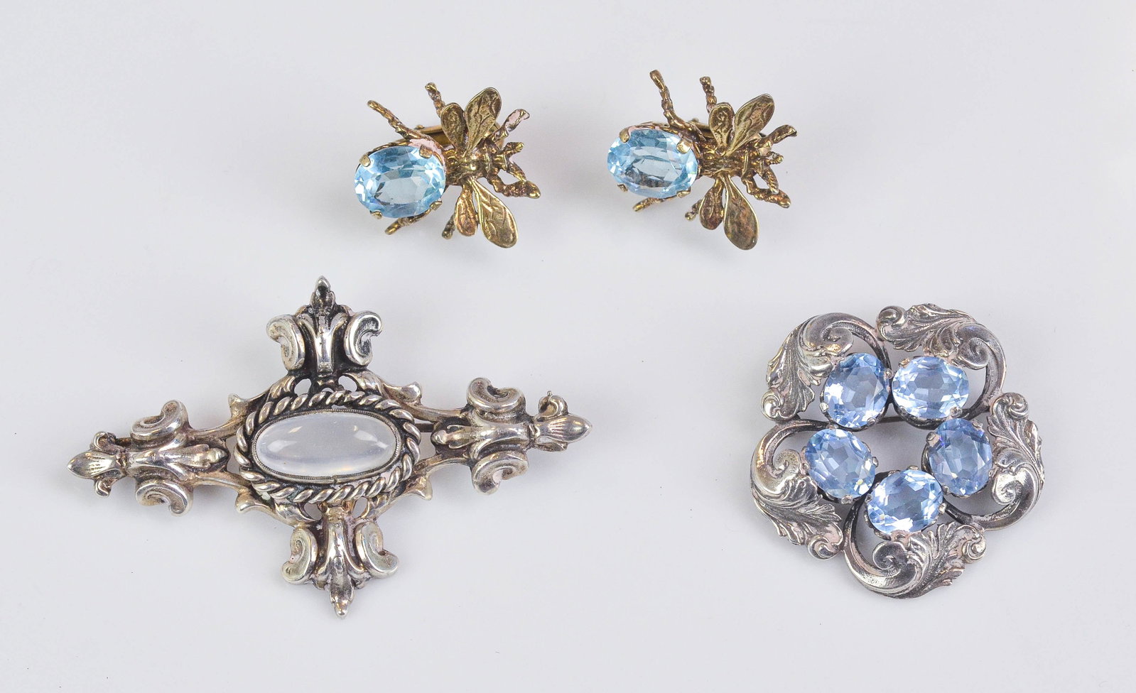 CINI and other Pins: 2 Cini Sterling Pins, Pr Earrings, 1.38 TO, largest 2 3/4"