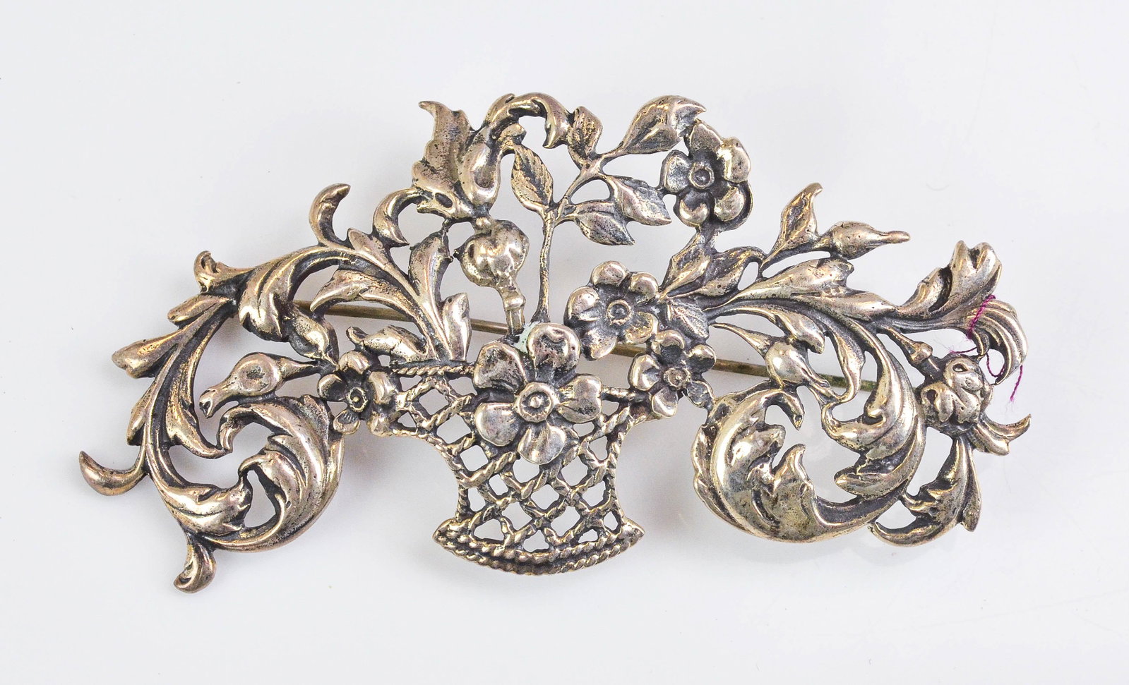 CINI PIN: Cini Sterling Floral Basket Pin, 1.22 TO, 4" wide