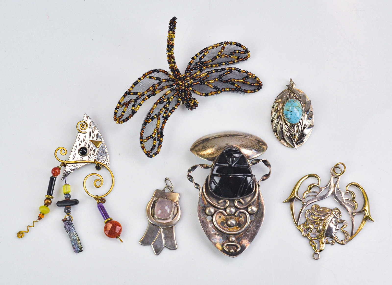 Pins and Pendant Lot: (3+3) Silvertone pins/pendants, largest 4 1/2", unmarked, some with stones