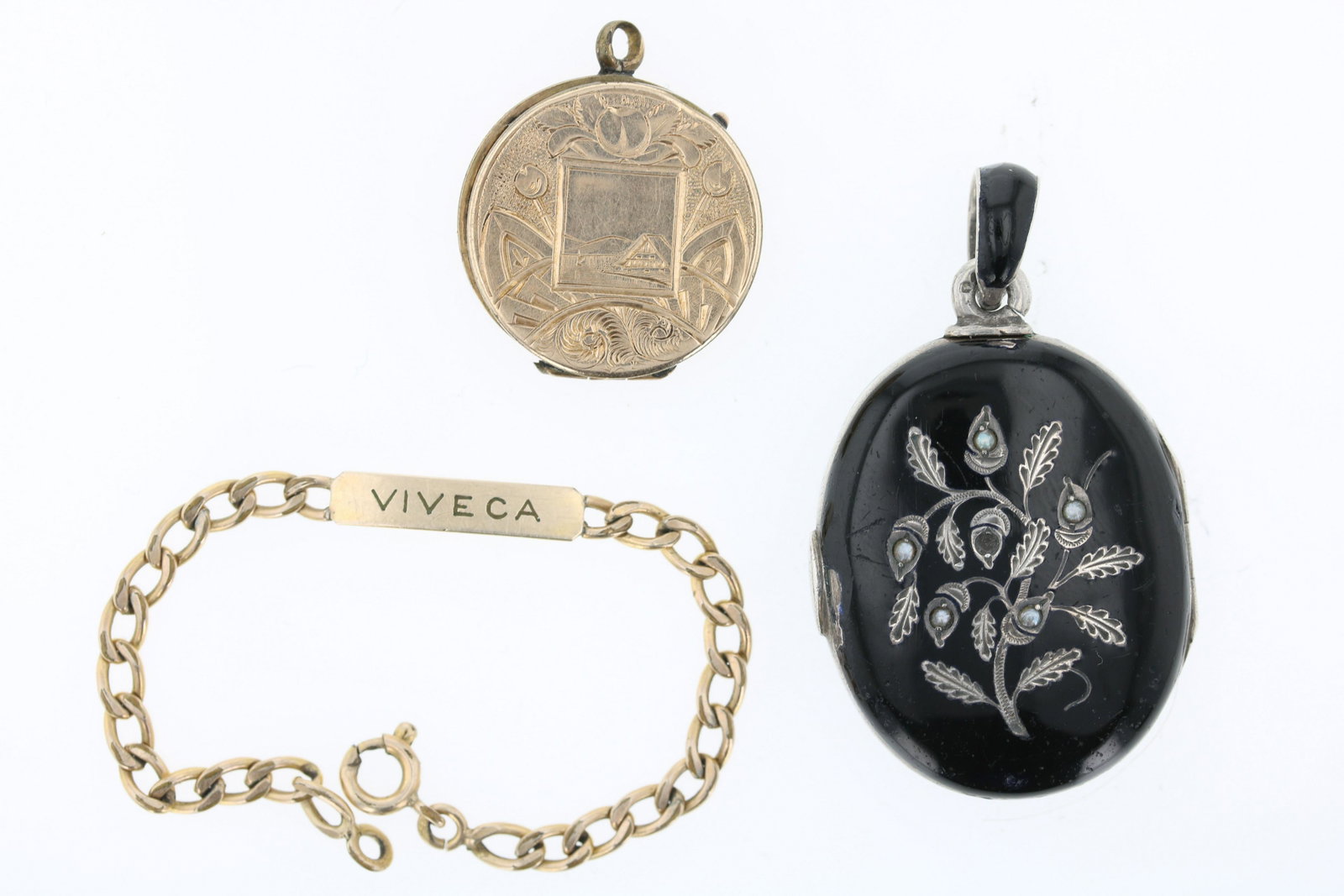 (3) Pc Vintage and Victorian Jewelry: (3) Pc lot of Vintage and Victorian Jewelry C/O: (1) Victorian Black Enamel and seed pearl hair locket, (1) Gold Filled Etched picture locket, and (1) gold filled ID Bracelet engraved " VIVECA".