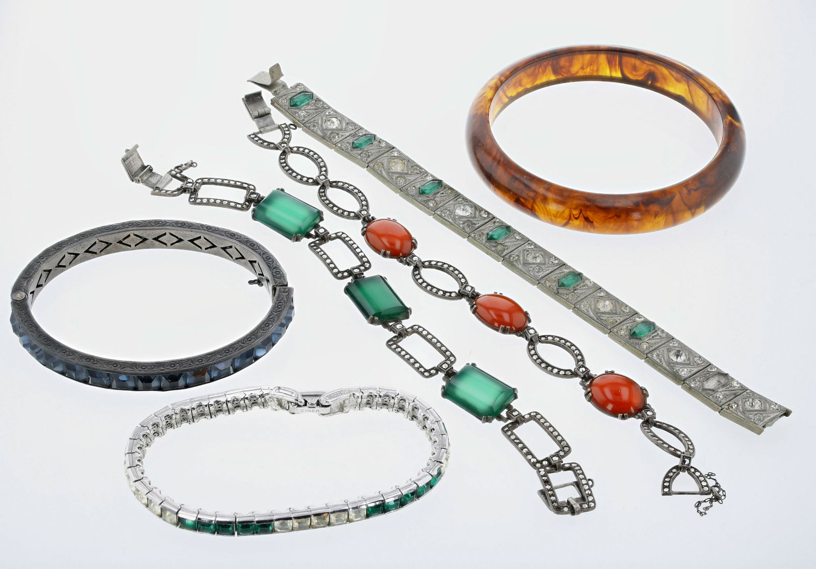 (6) Art Deco Vintage Bracelets: (6) Art Deco Vintage Bracelets Lot C/O: (1) Marcasite and orange red oval stone bracelet, (1) Marcasite and green Square bracelet 7" long, (1) steel rhinestone bracelet, (1) square green stone bracele