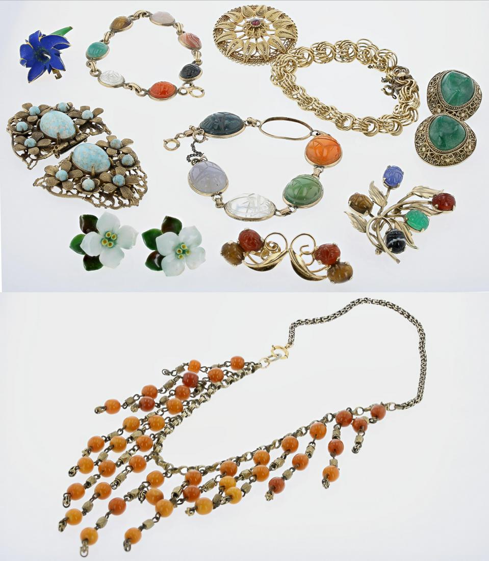 Vintage Gold Tone Jewelry Lot: (1) Amber bead necklace, (1) Scarab beetle 12Kt Gold filled brooch and (1) matching earrings, (missing one clip) (1) Double link gold filled charm bracelet; (1) pair of sterling silver green stone cli
