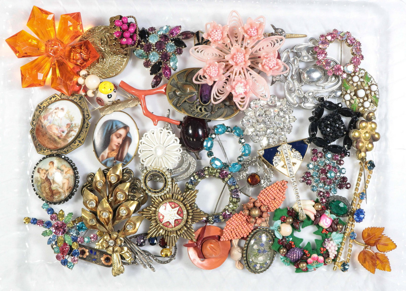42 pc Collection of Vintage and Contemporary Pins: 42 pc Collection of Vintage and Contemporary Pins Lot C/O; various fashion pins some marked czech or austrian; (1) gold tone Face pin signed Richelieu; one Multi-color wreath pin signed Warner; one pu