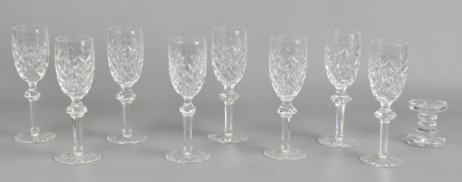 (9) Pcs Waterford Crystal: (9) Pcs Waterford crystal, c/o (8) 6-3/8" Powerscourt white wine glasses, knife rest