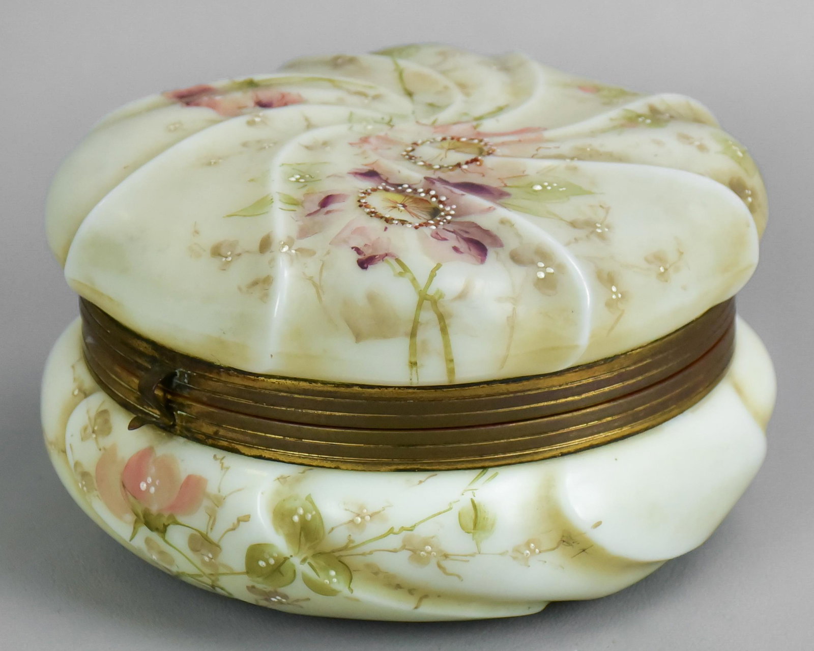 Unmarked Wavecrest Satin Glass Dresser Box: Unmarked Wavecrest style satin glass dresser box, swirl mold with allover floral painted decoration, brass mounted with hinge, silk and robins egg velvet lined, unmarked at underside, 7"x7"x4"