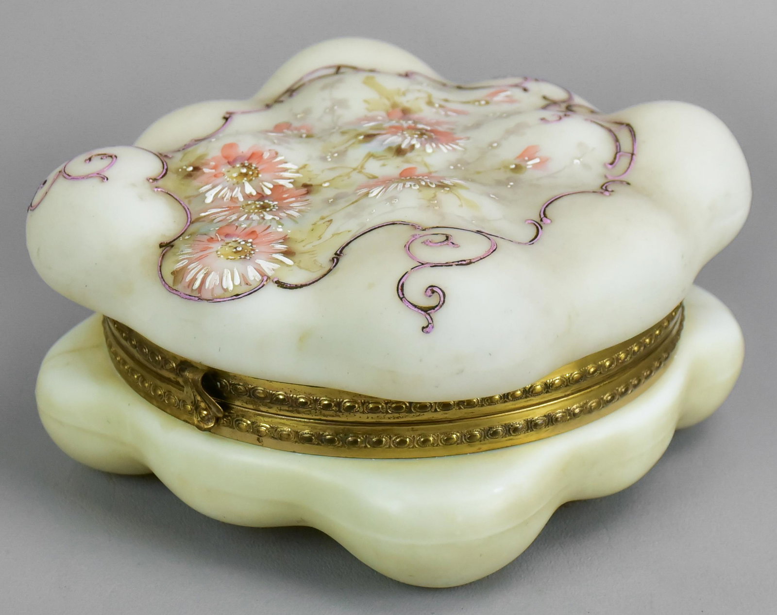 Wavecrest Egg Carton Form Dresser Box: Wavecrest Egg Carton form dresser box, satin glass with scroll and floral hand painted top, textured brass mounted, 7"x7"x3-3/4"