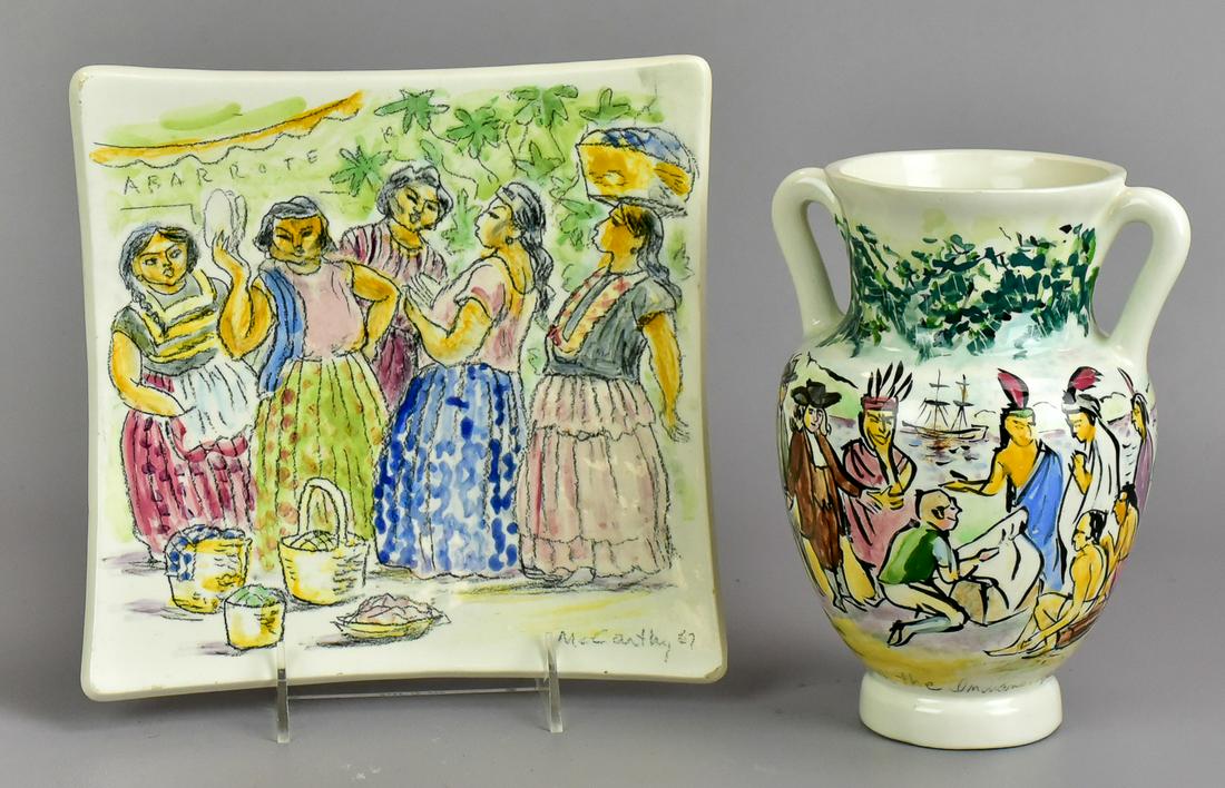 Francis McCarthy Pottery Plate and Vase: Francis McCarthy (1925-2005) pottery plate and vase to include decorated square plate with female group market and basket scene, reading 'Abarrote' in back, signed McCarthy '67 in lower right corner, 