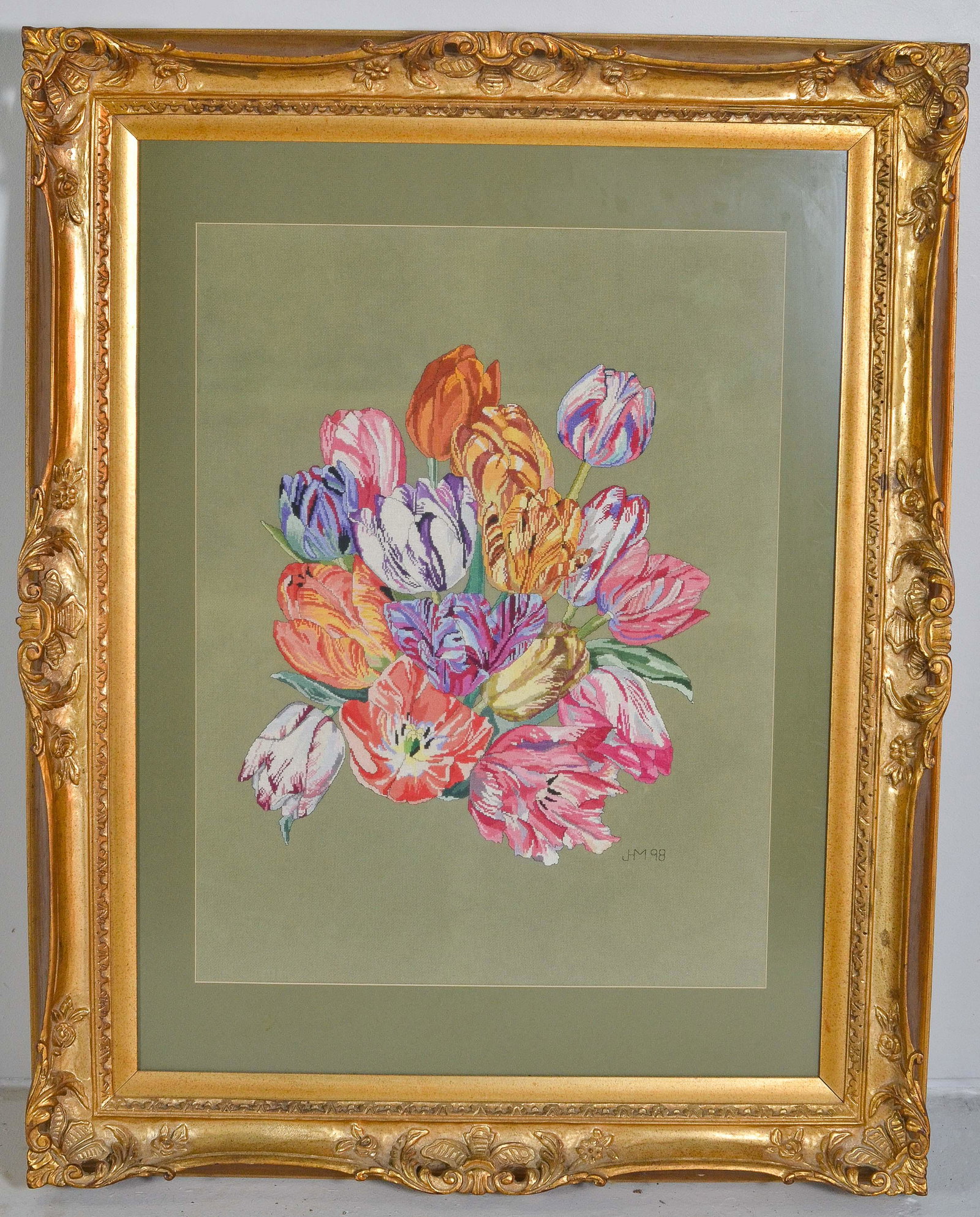 Large Framed Needlepoint of Tulips: Large Framed Needlepoint of Tulips, singed JM, 98', framed size 48" x 38", very good condition