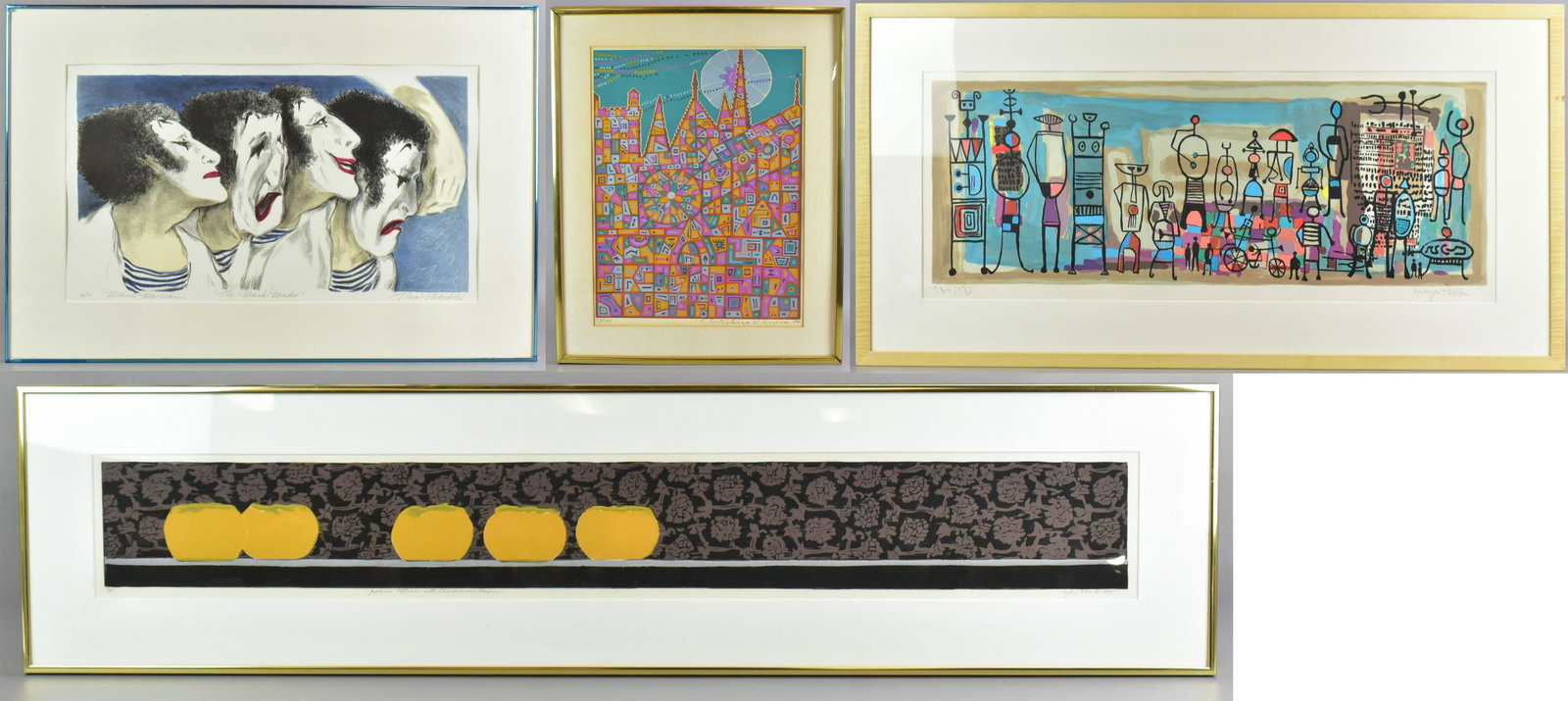 (4) Prints by Contemporary Artists: (4) Prints by contemporary artists, "Marcel Marceau, The Mask Maker", lithograph, pencil signed "Tina Mackler"; untitled cityscape, silkscreen on paper, pencil signed "Risaburo Kimura '74", edition 49