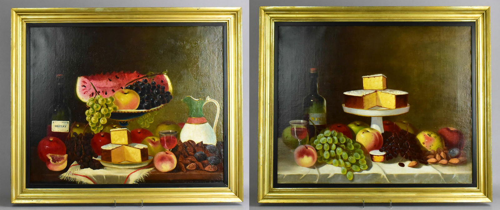 Pr 19th C Still Life Paintings: Pr 19th C still life paintings, attribution on back to Alexander Lawrie (American, 1828-1917), oil on canvas, unsigned, 22" x 27", framed 26-3/4" x 31-3/4", good condition with previous restoration
