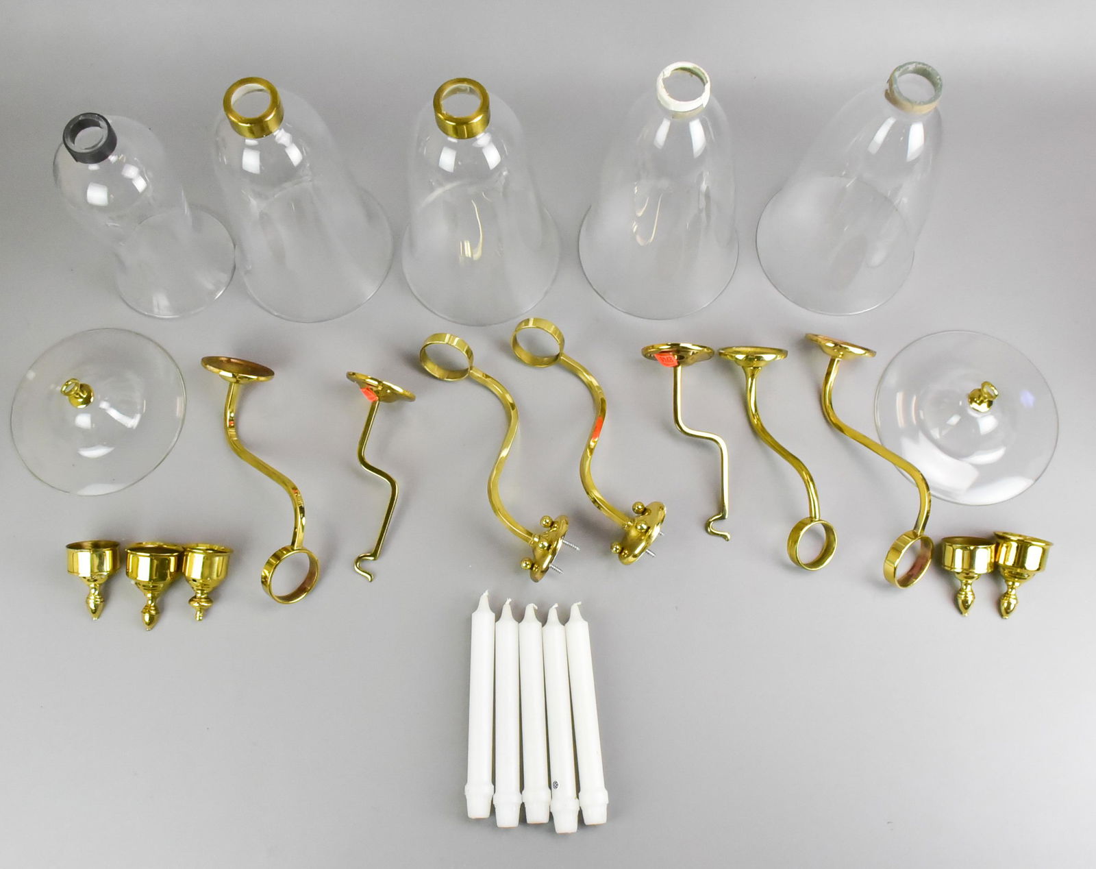 (5) Brass Wall Sconces & Smoke Bells: (5) Brass wall sconces with hurricane shades, & (2) smoke bells with brackets