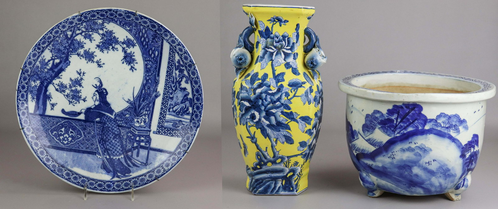 (2) Pcs Asian Porcelain: (3) Pcs Asian porcelain, c/o Chinese yellow and blue porcelain vase, pomegranate handles, 4-character mark to base (14-5/8" h), Japanese blue & white porcelain charger, figure at window, unmarked (14-