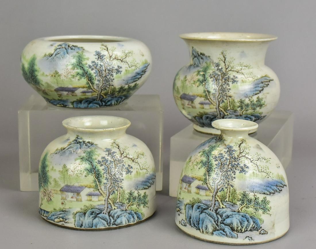 (4) Chinese Porcelain Brush Washers: (4) Chinese porcelain brush washers, each with landscape design, calligraphy on back, one with 2-character mark to base, (2) with 4-character mark to base, tallest 4"