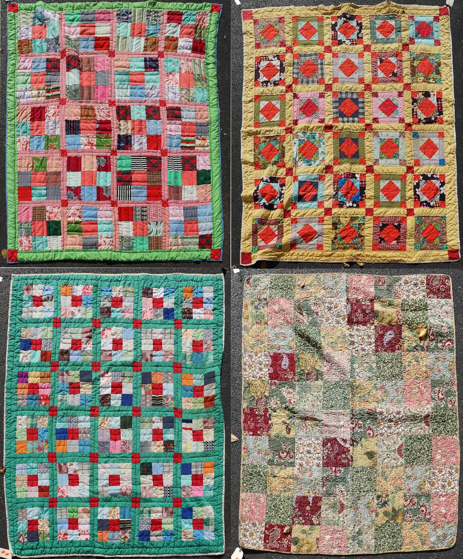(3) 60's/70's Patchwork Quilts: (3) 60's/70s Patchwork quilts, hand pieced with hand and machine stitching, cotton and poly construction. Also to include patched floral cover, 5ftx4ft