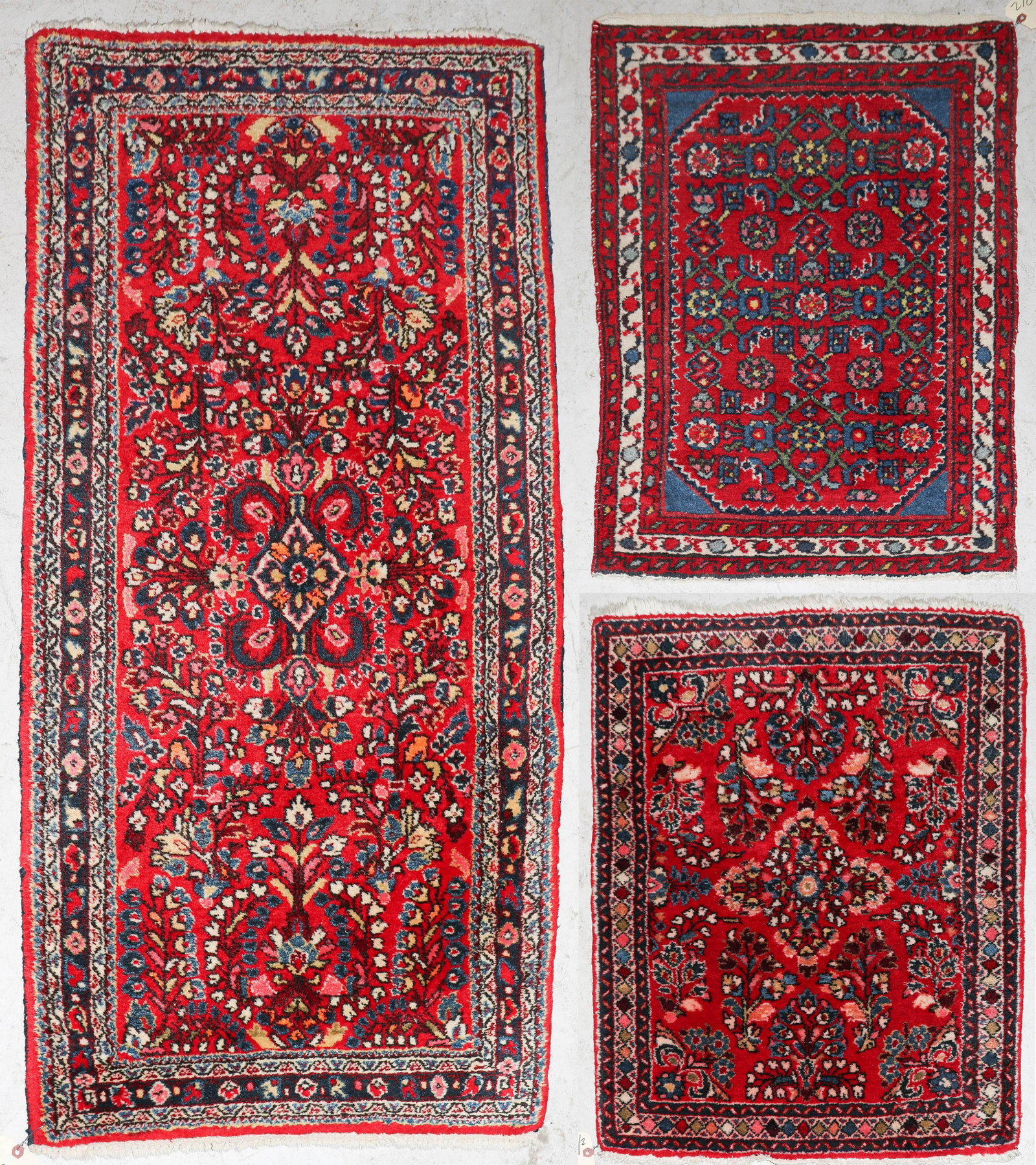 (3) Persian Throw Rugs: (3) Persian Throw Rugs; 2'2" X 3', 2' X 2'6", and 2'1" X 4'1"; all in excellent condition, clean