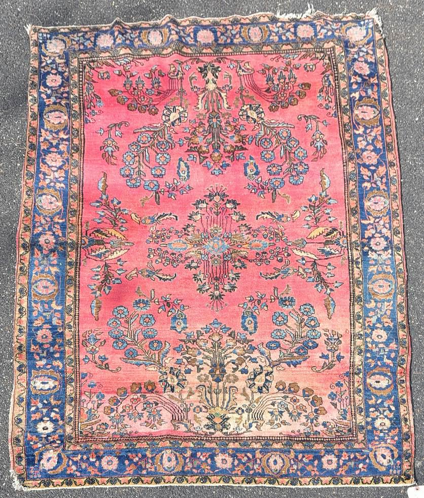 4'3" x 6'1" Sarouk Throw Rug: 4'3" x 6'1" Sarouk Throw Rug, wear in pile and at ends