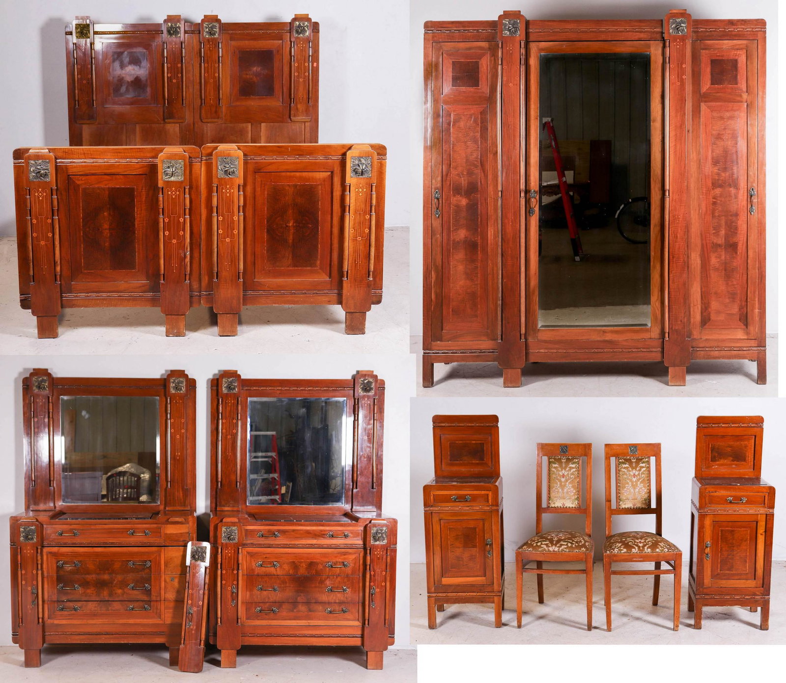 (9) pc Art Deco carved inlaid walnut BRS: (9) pc Art Deco carved inlaid walnut BRS, c/o twin beds, 2 dressers, 47"w x 77"h, 2 nighstands with backsplash, 16"w x 45-1/2"w, 2 bedroom chairs, three section armoire with mirrored door, 91"h x 78"w