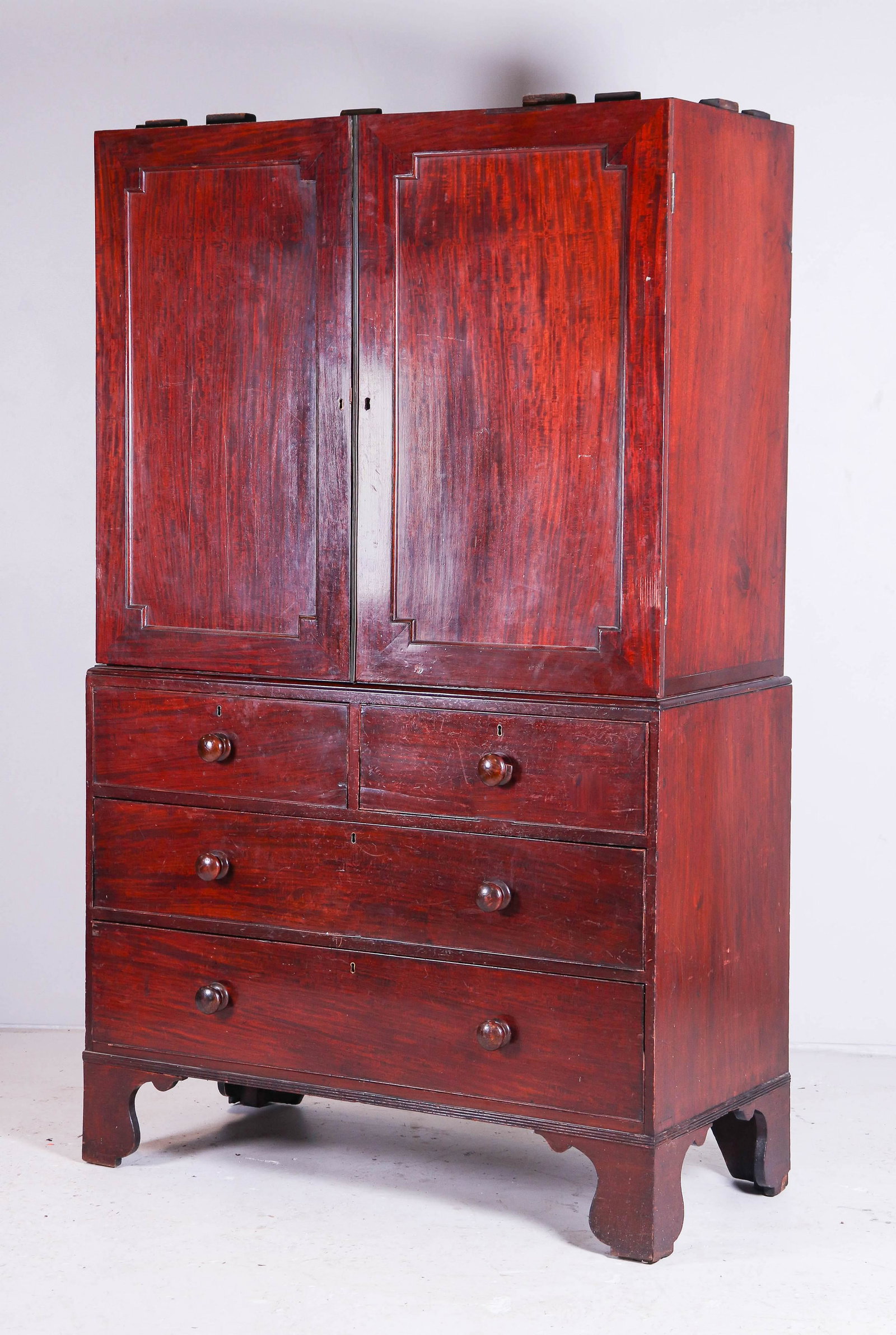 Empire Mahogany Linen press: Empire Mahogany Linen press, late 19th c, interior with shelving, two short drawers over two long drawers, lacking crown molding, 81"h x 50"w x 23-1/2"d