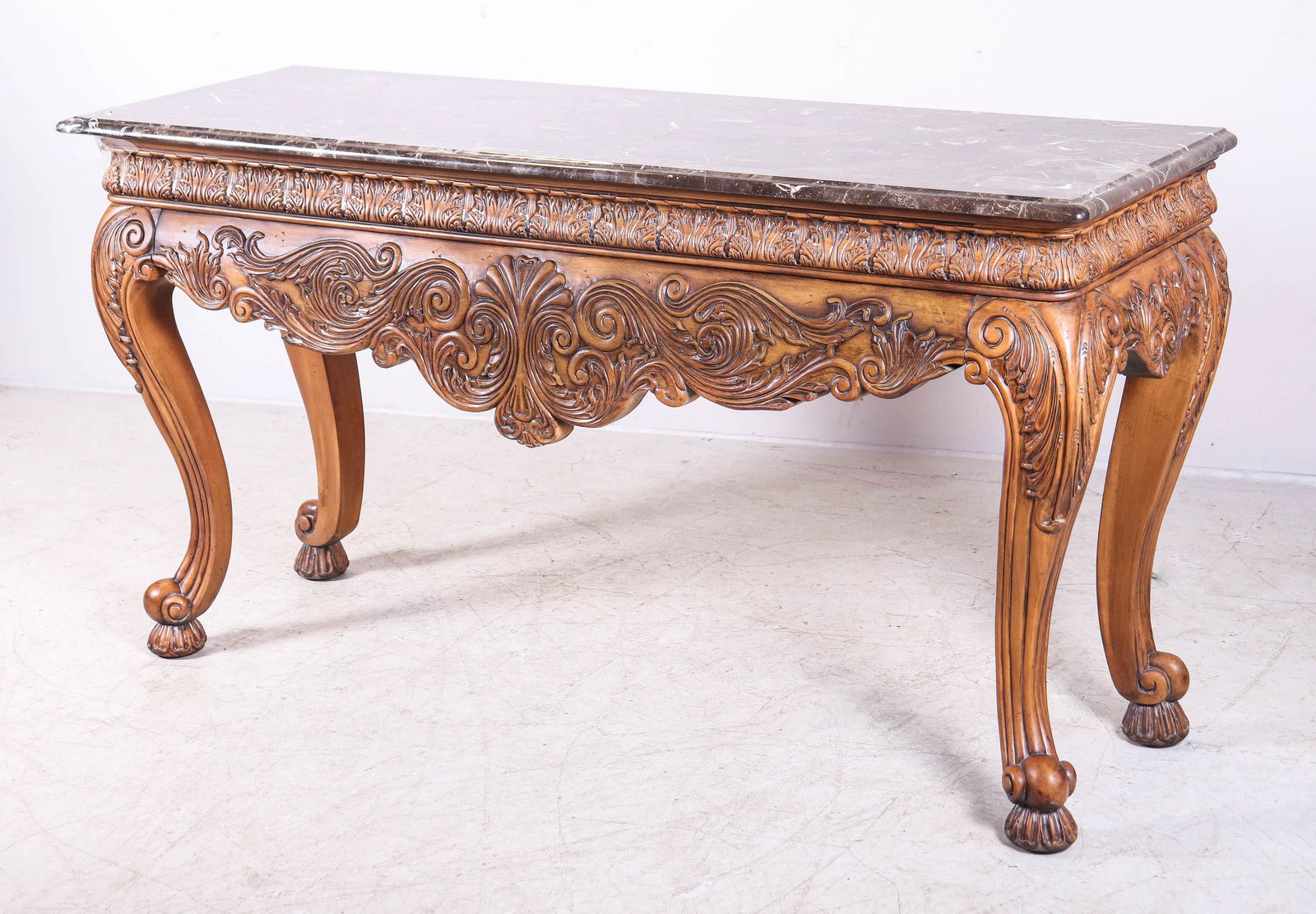 Ethan Allen Italian Style Marble Top Console Table: Ethan Allen Italian style marble top console table, 32"h x 62-1/4"w