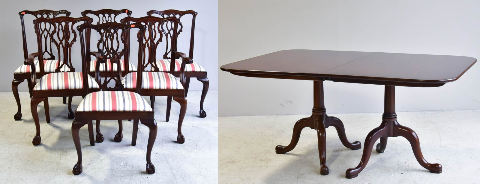 (7) pc Mahogany Chippendale Style DRS: (7) pc Mahogany Chippendale Style DRS, c/o 6 chairs with stripe upholstered seats, 2 w/arms, double pedestal dining table, 31"h x 66"w, three 14"w boards