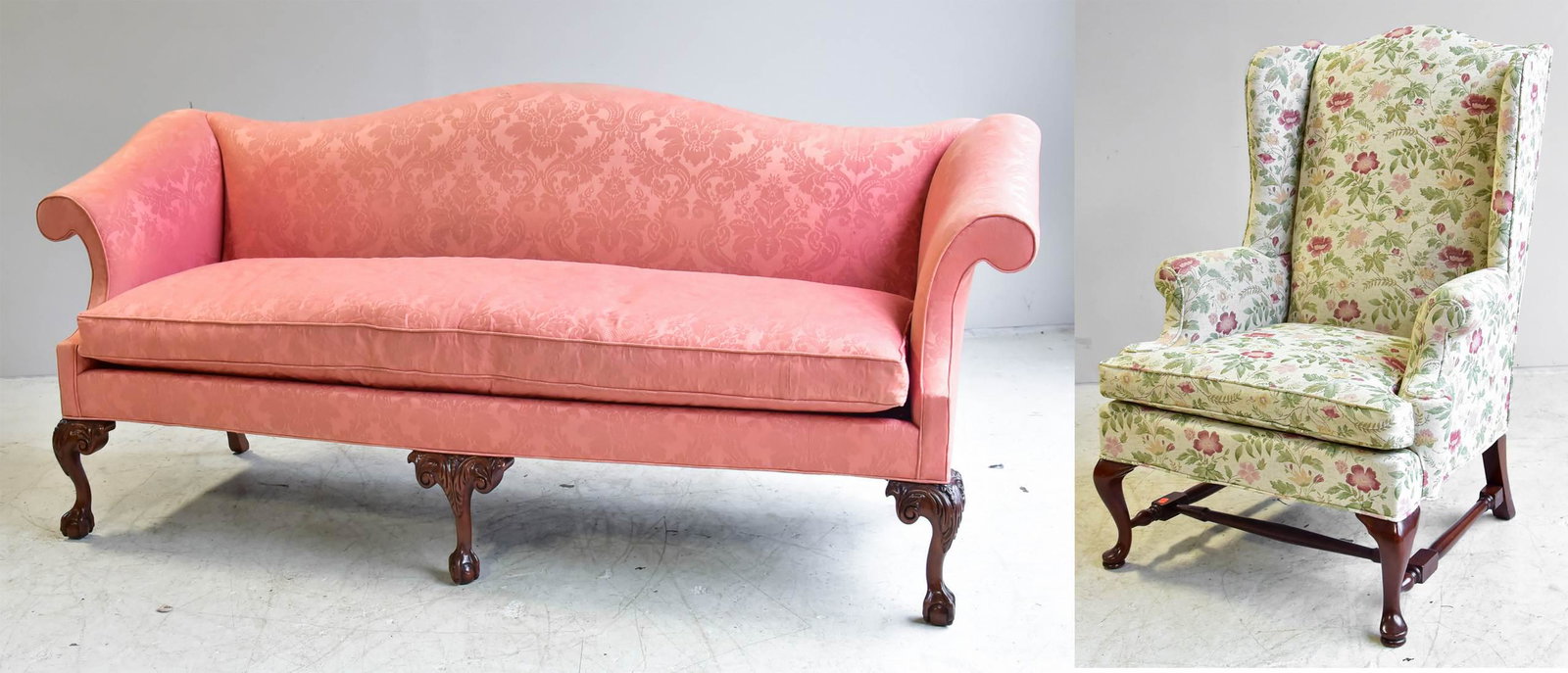 Southwood Chippendale sofa and Wing Chair: Southwood Chippendale style upholstered camelback sofa, along with QA style upholstered wing chair, sofa 33"h x 82"w