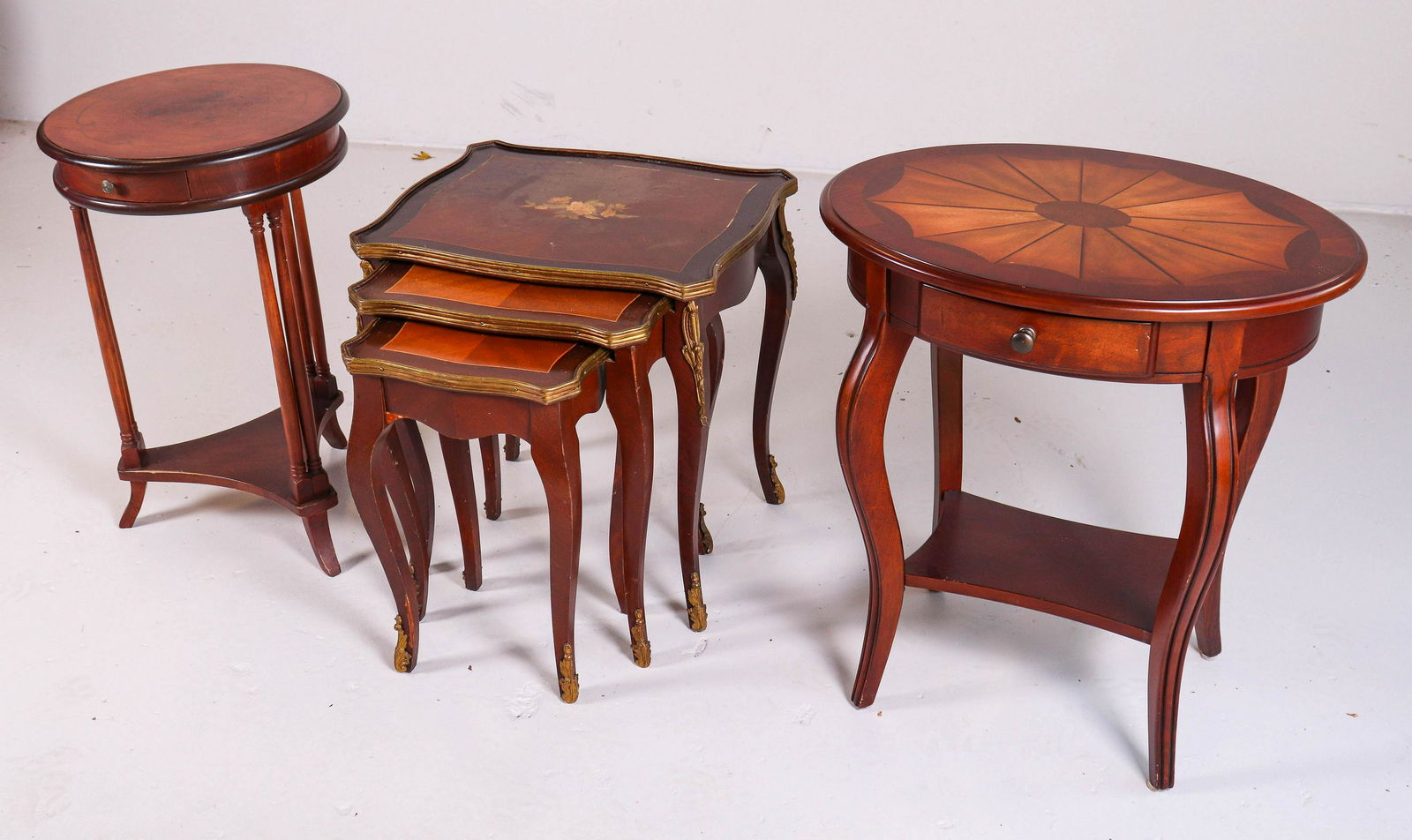 (3) Inlaid side tables: (3) Inlaid side tables, c/o one drawer stand with inlaid fan decoration, lower shelf, 2-tier floral inlaid one drawer stand, set of nesting tables with floral inlay, largest 27"h x 24"w
