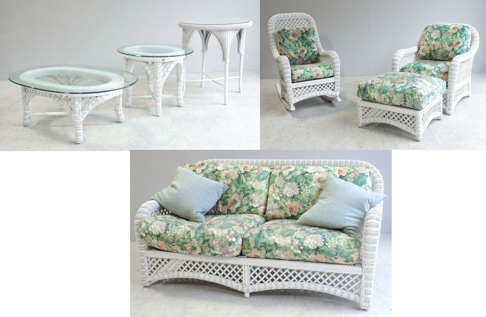 (7) pc white wicker patio set: (7) pc white wicker patio set, c/o sofa, lounge chair with ottoman, armchair, (2) side tables with glass top, coffee table with glass top, sofa 35"h x 70"w