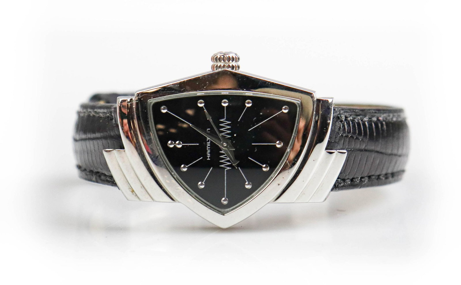 Hamilton Ventura Black Dial Asymmetric Ladies Watch: Hamilton Ventura Black Dial Asymmetric Ladies Watch, stainless steel case with a black leather strap. Fixed stainless steel bezel. Black dial with silver-tone dauphine-style hands and dot hour markers