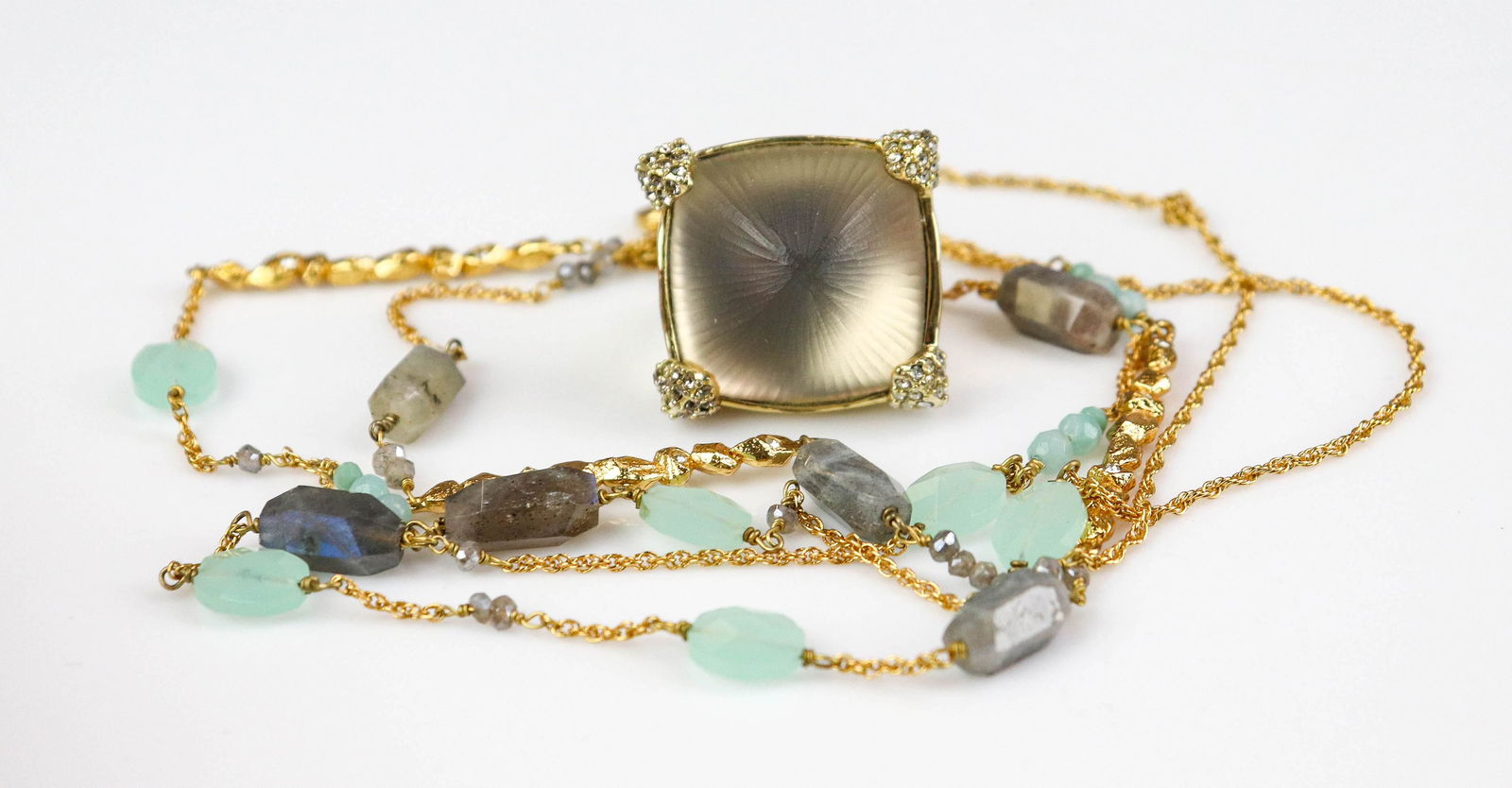 (2) Pc Alexis Bittar Jewelry Set: (2) Pc Alexis Bittar Jewelry Set; Signed Crystal ring sz. 7; and (1) Gold tone and labradorite beaded gemstone necklace.