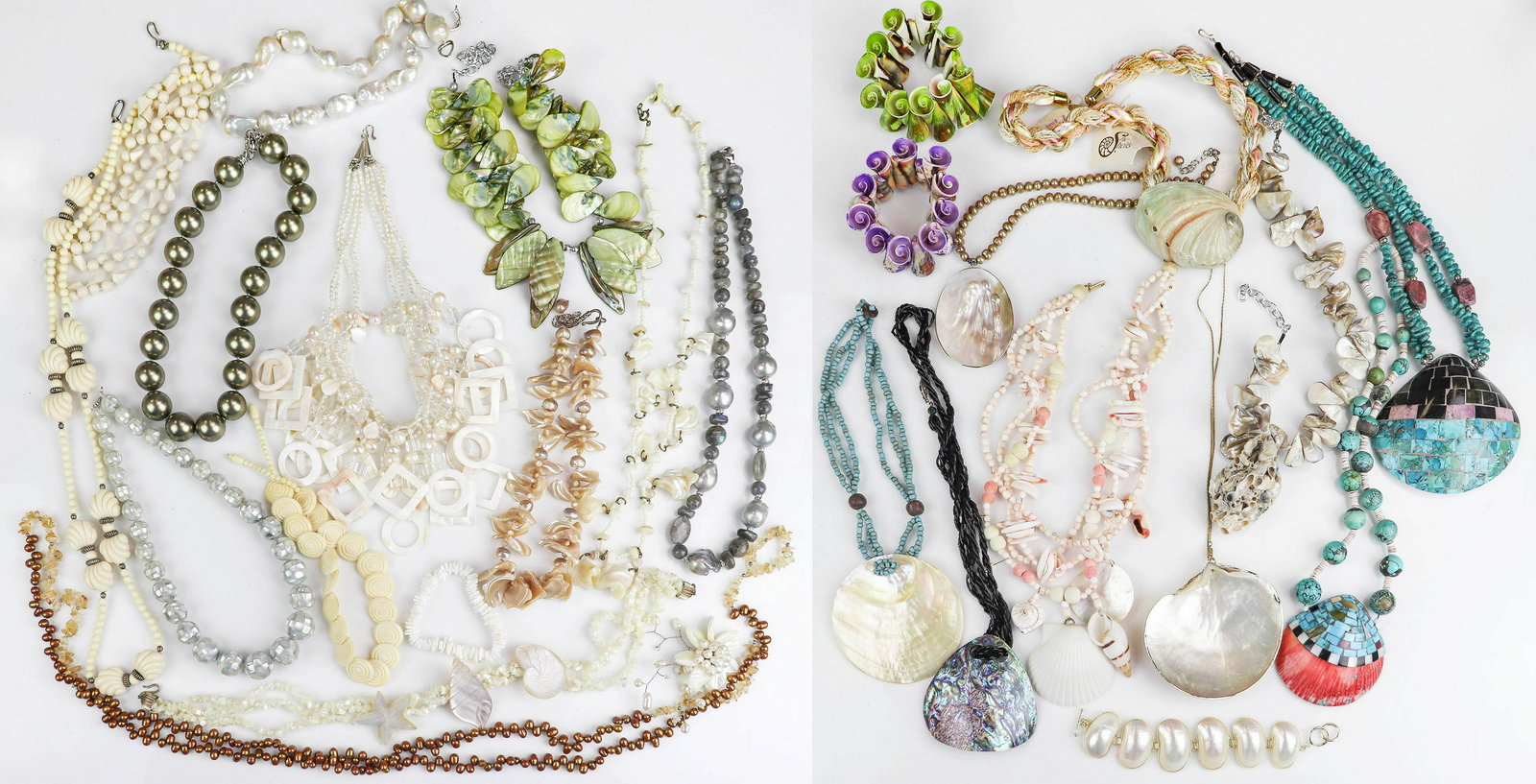 Shell, Pearl, and Turquoise Beaded Necklaces: Shell, Pearl and Turquoise Beaded Necklaces, Lot Consist of various shell pearl and turquoise 18-20" necklaces, and stretch bracelets. Two very pretty inlay decorated shell necklaces.