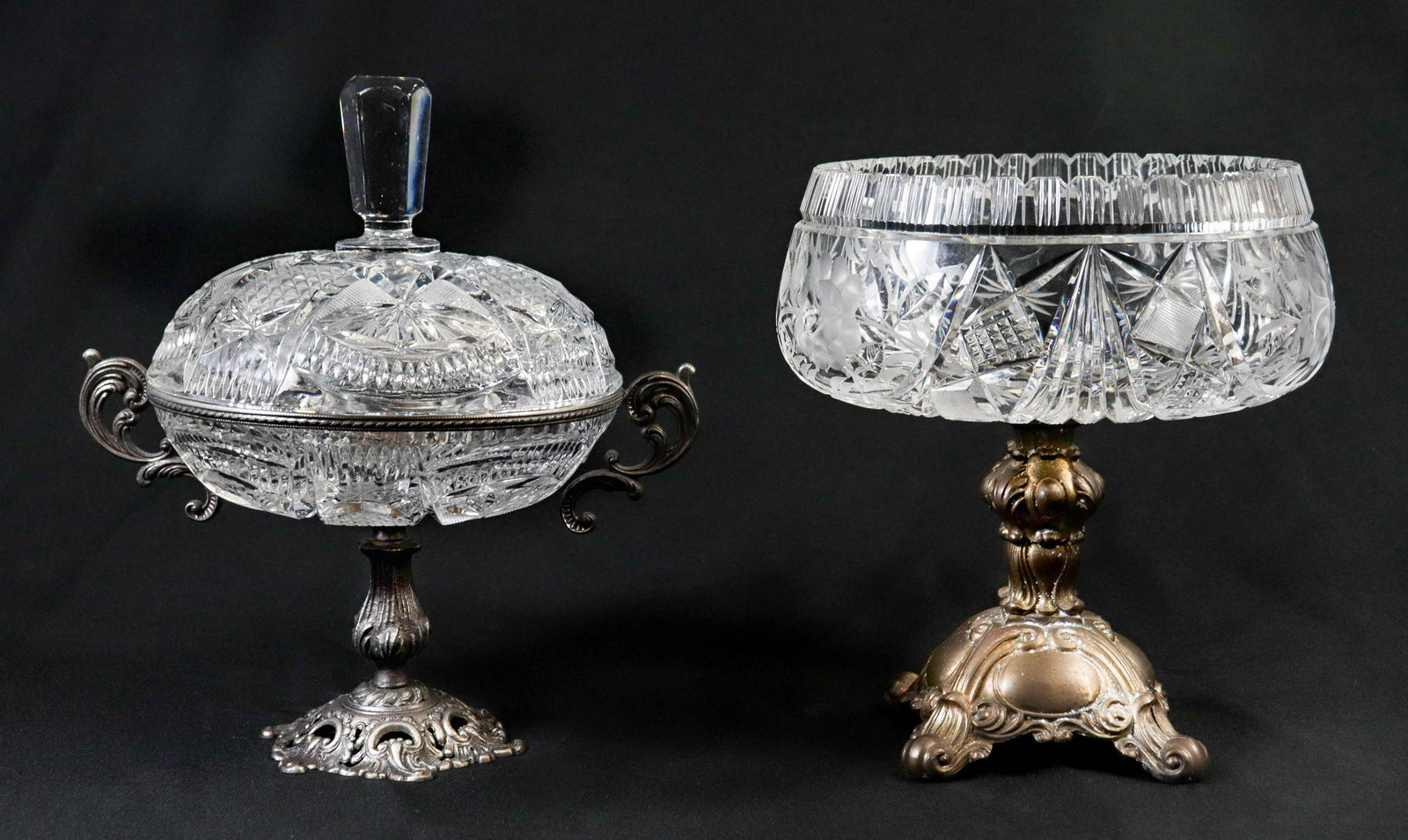 (2) Cut Glass Compotes: (2) Cut glass compotes, c/o covered candy jar with silver plate mounts, compote on bronze base, tallest 10"