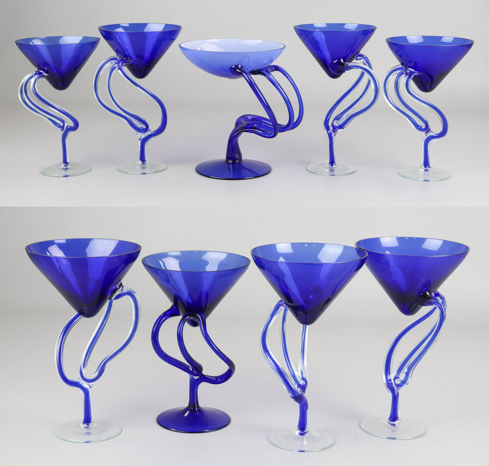 (9) Pcs Krosno Style Jellyfish Art Glass: (9) Pcs Krosno style art glass stemware, jellyfish bases, c/o (8) martini glasses, compote with cased glass bowl, tallest 8-1/2"
