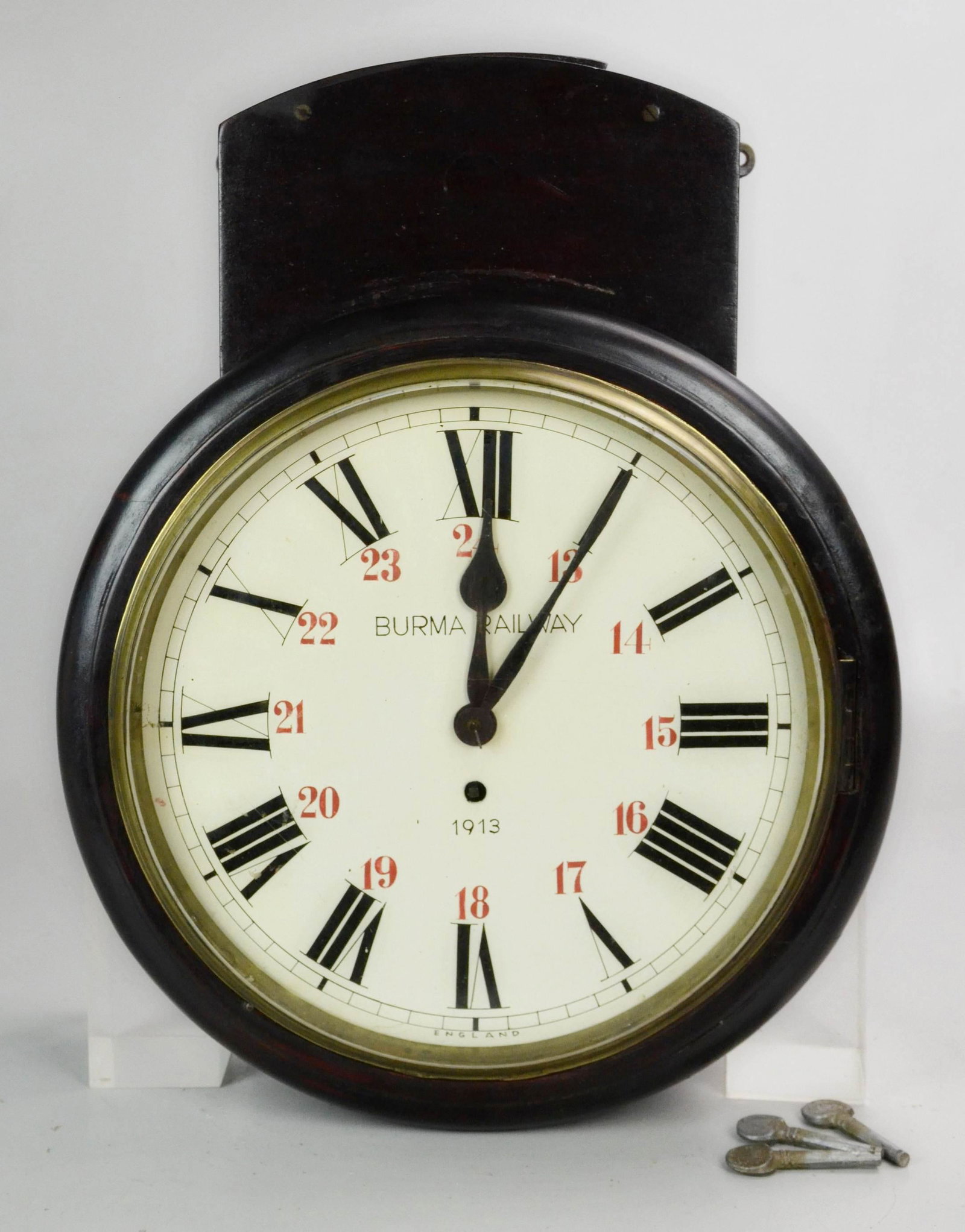 English gallery clock, fusee movement: English gallery clock, fusee movement, dial marked Burma Railway, 1913, movement marked EH Gould, 1913, 12" bezel, lacks pendulum & key