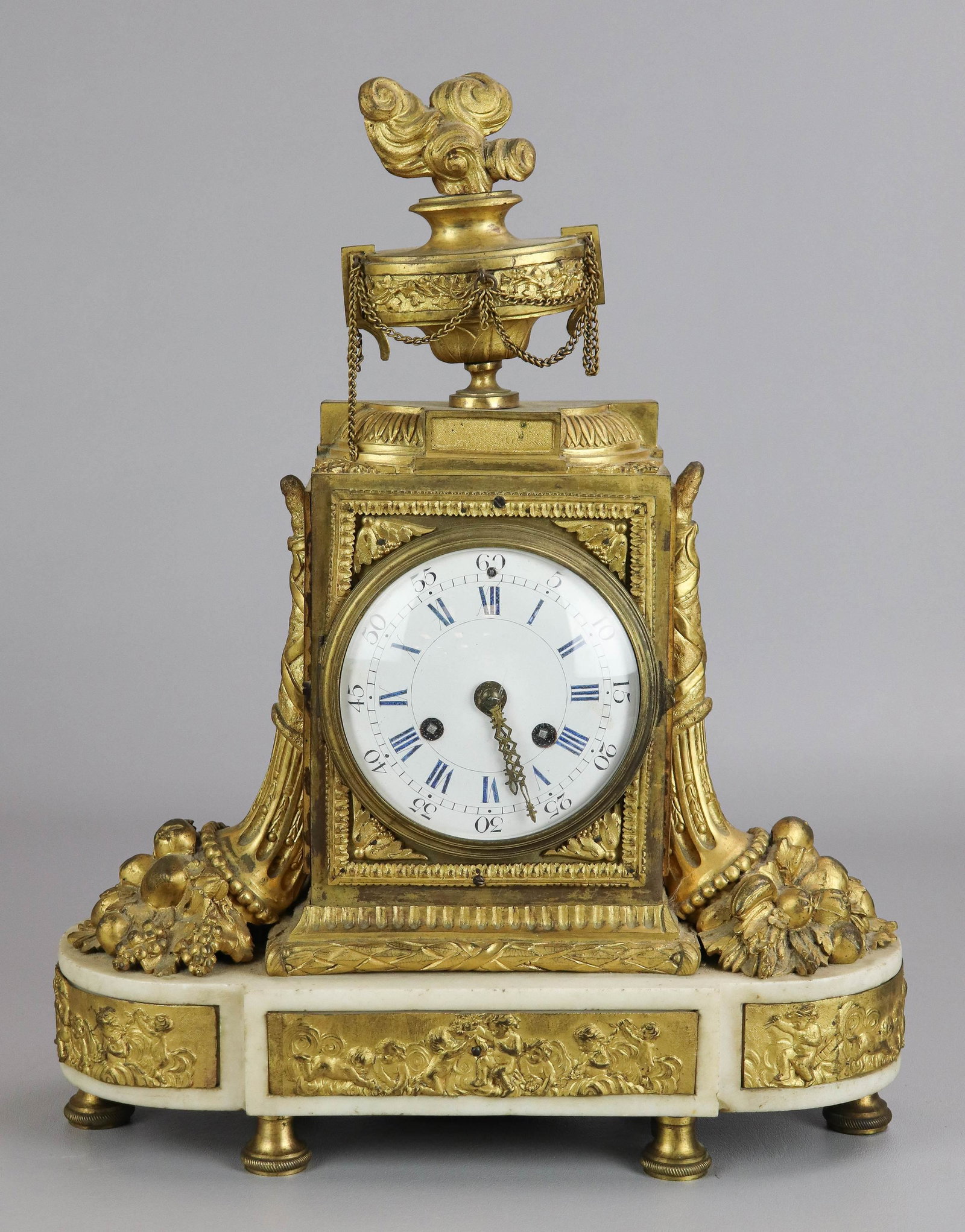 Louis XV style gilt bronze mounted mantle clock: Louis XV style gilt bronze mounted mantle clock, 16"h x 14"w, French gilt bronze and alabaster, lacks striking bell, movement by Vincenti Cie, runs, pendulum may be mismatched, back door hinge needs p