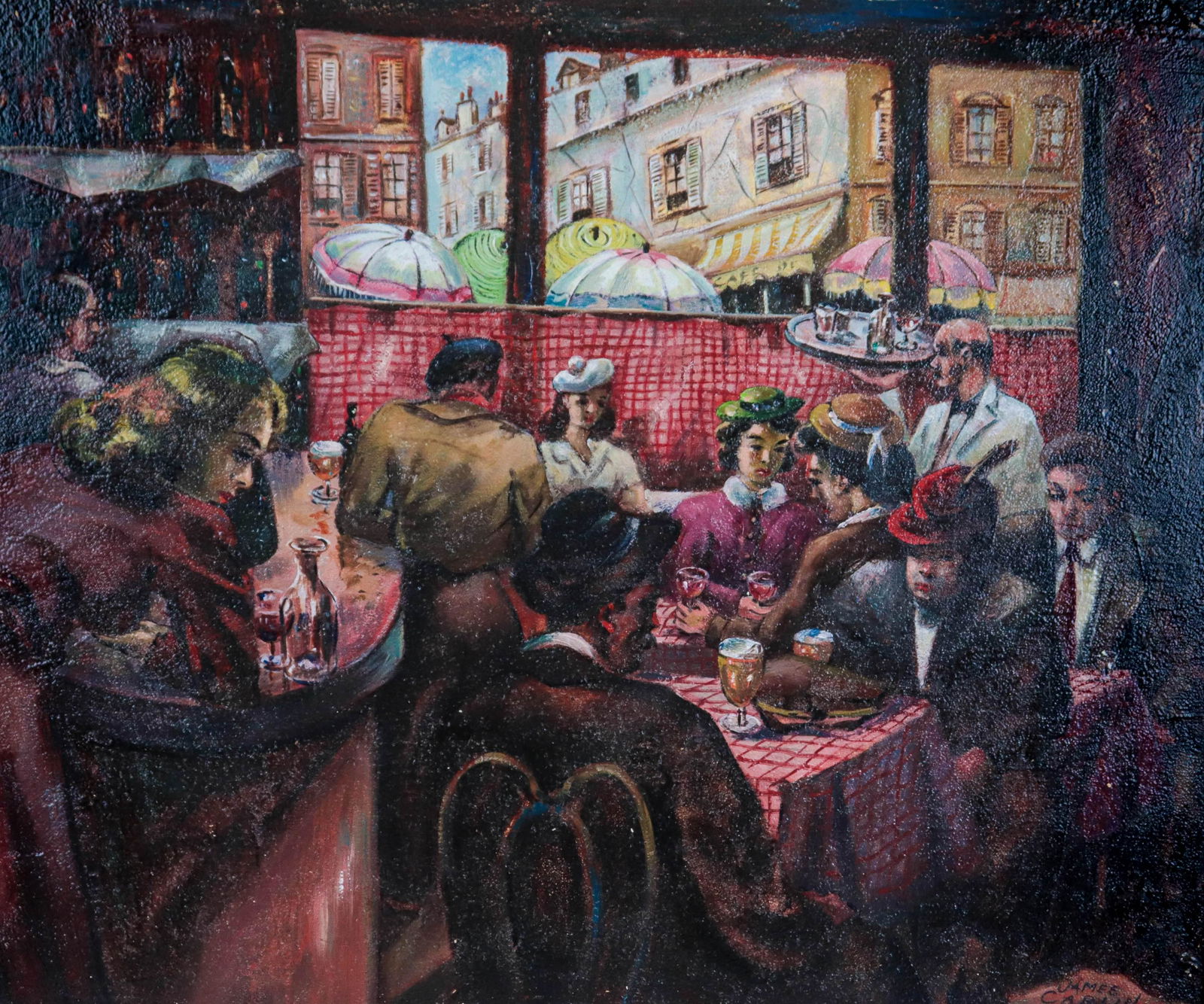 James Carlin Painting: James Carlin Social Realist painting depicting patrons in a cafe, oil on board, signed "James Carlin", 21-1/4" x 25-1/4", framed 26-1/4" x 30-1/4", good condition