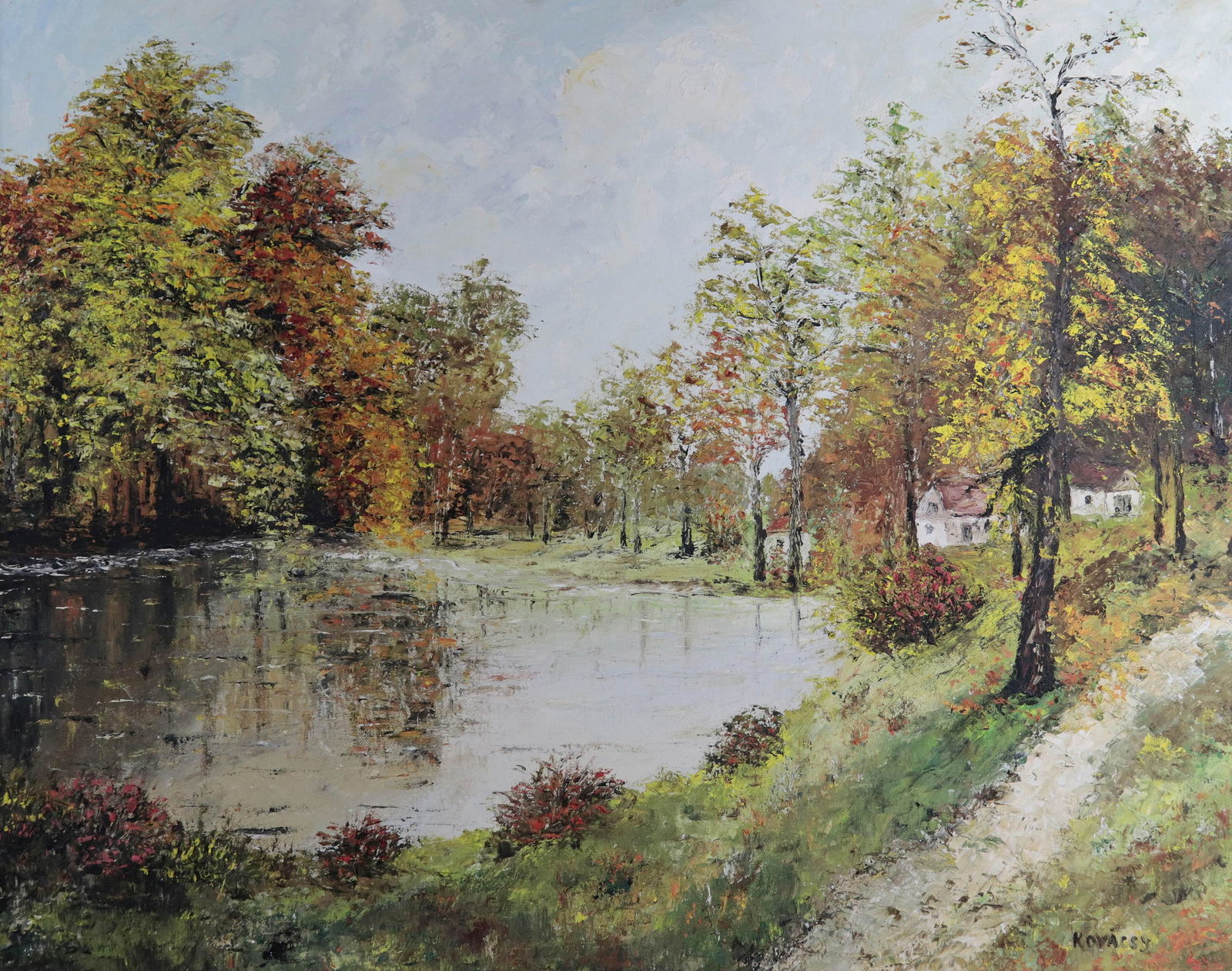 Jozsef Kovacs Impressionist Landscape Painting: Jozsef Kovacs, 20th C American Impressionist landscape painting, oil on board, signed "Kovacs J", 24" x 30", framed 28-3/4" x 34-3/4", good condition