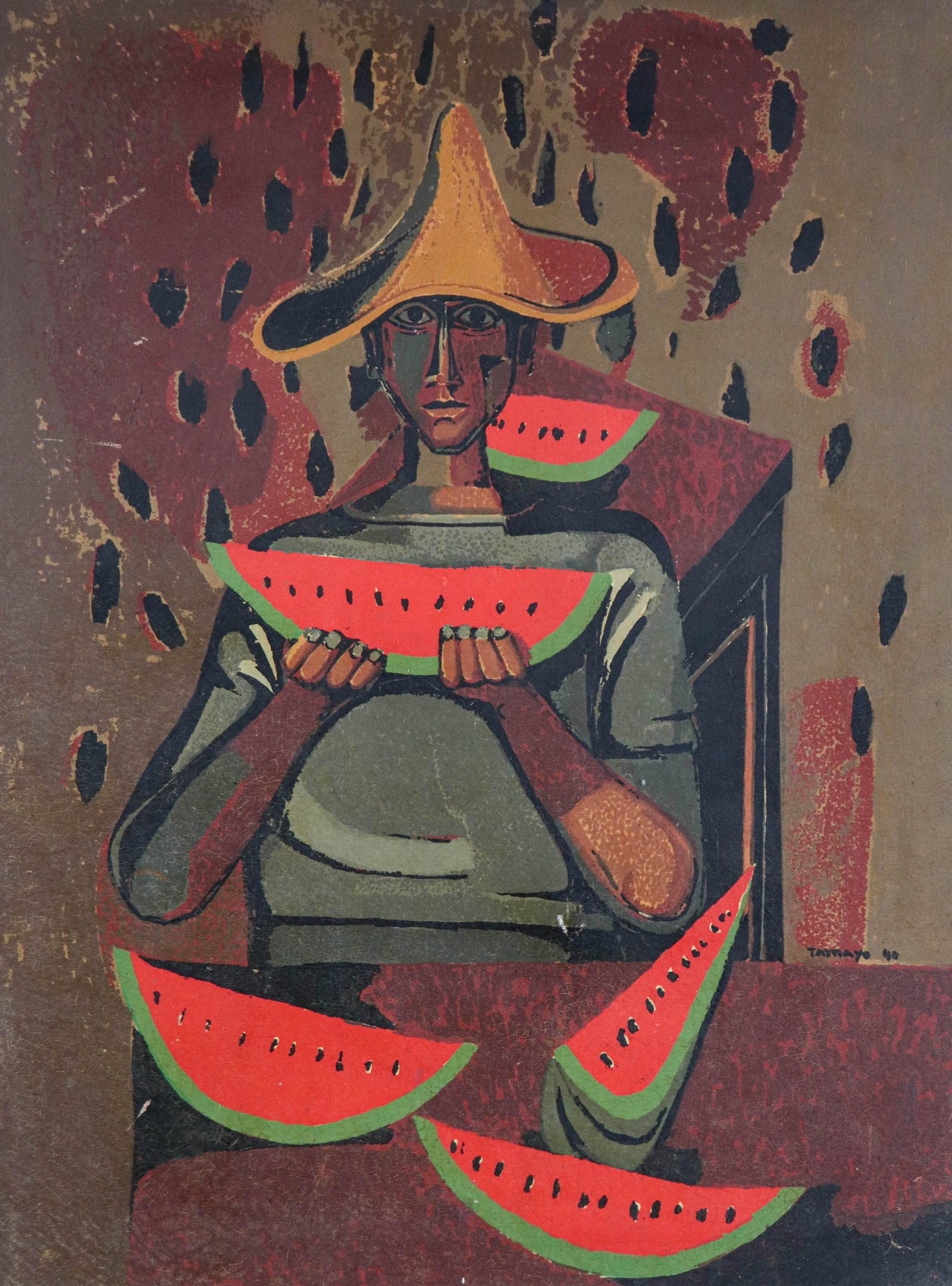 After Rufino Tamayo Modern Print: After Rufino Tamayo modern print "Watermelon Eater", print on paper mounted on masonite, original mid century frame, good condition
