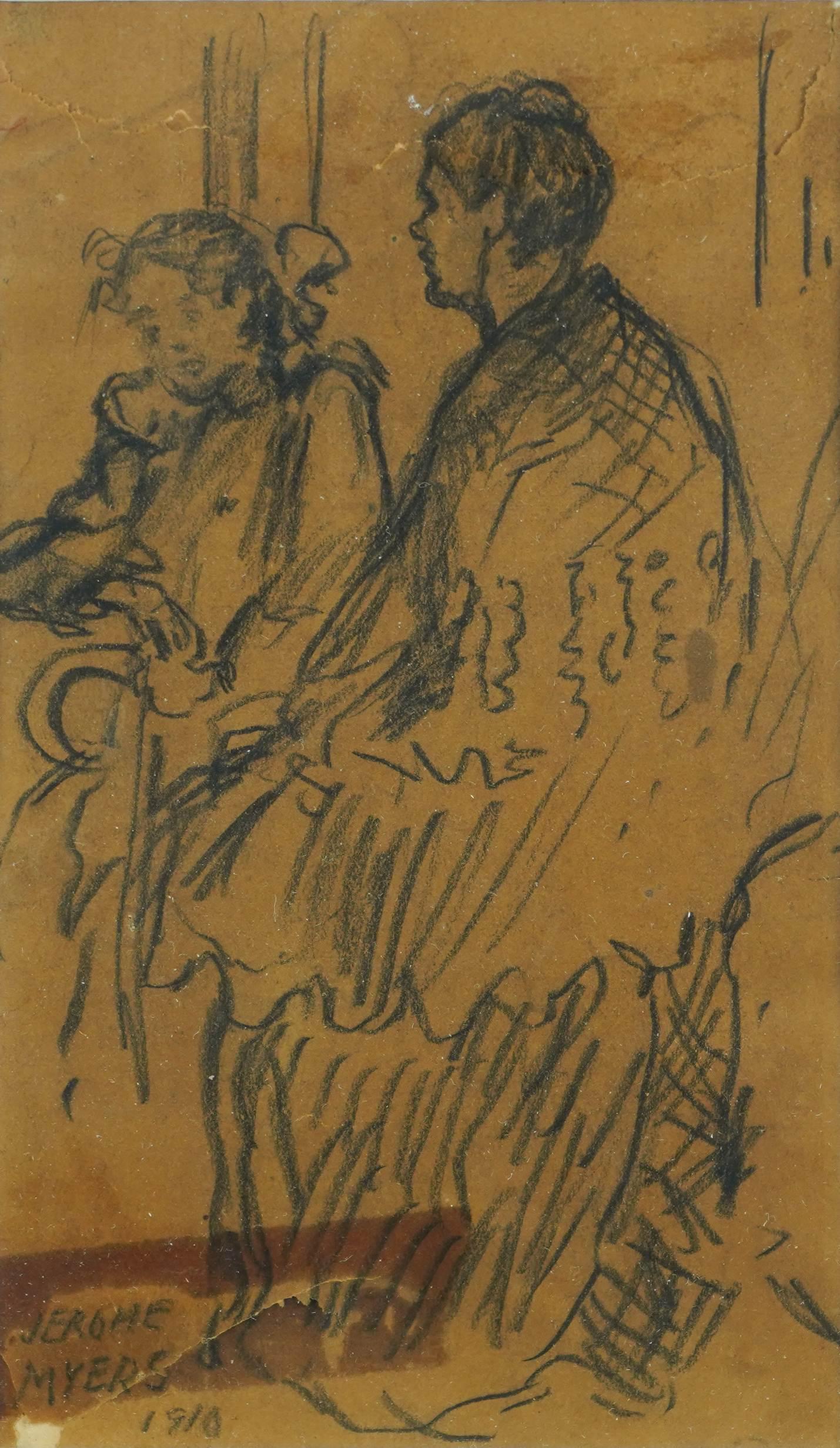 Jerome Myers Drawing Mother & Daughter: Jerome Myers (American, 1867-1940), charcoal on paper, signed "Jerome Myers 1910", 7" x 4" sight, framed 12-1/2" x 10-1/2", poor condition tears at top and bottom, tape burn