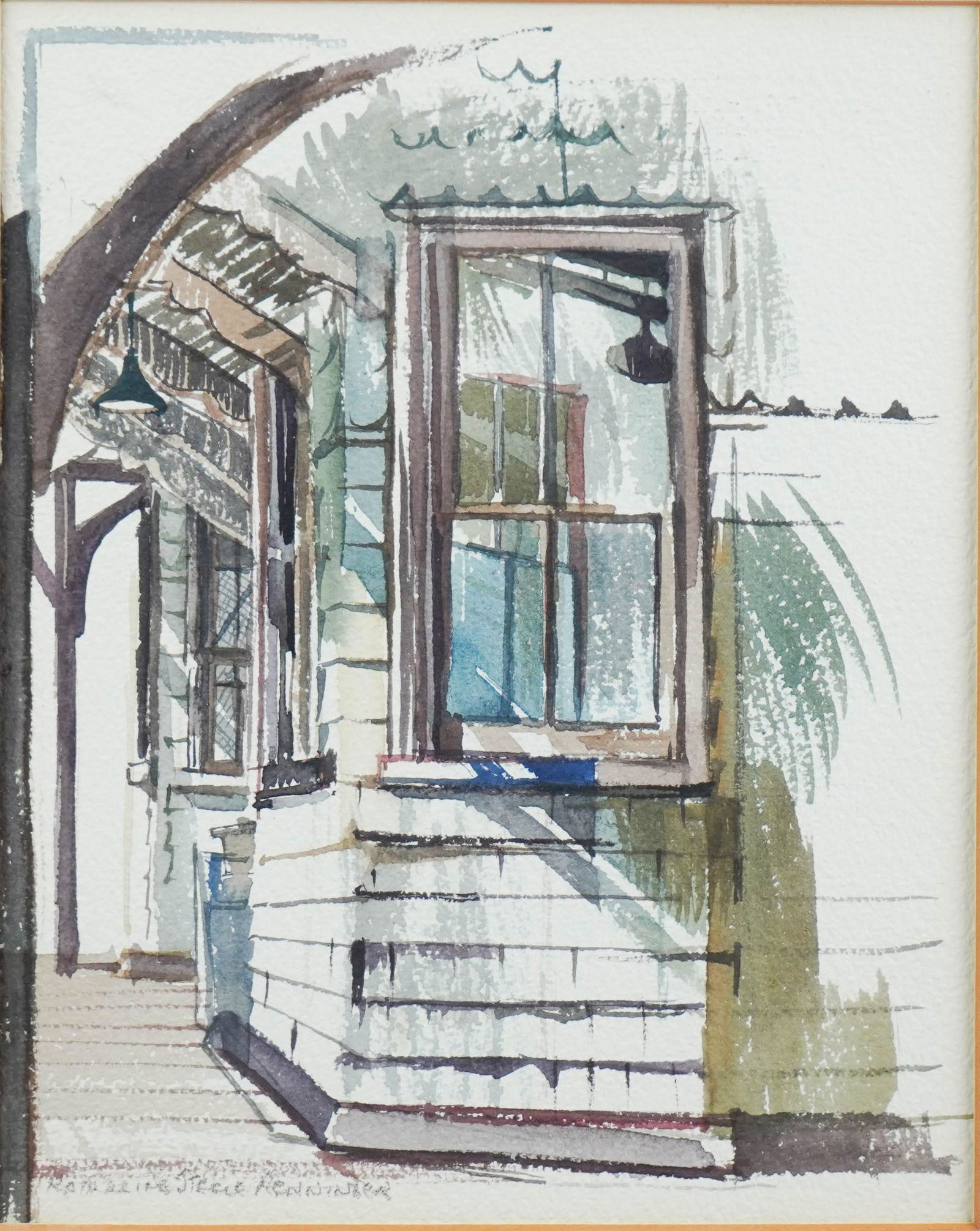 Katherine Steele Renninger Watercolor "Newtown Station": Katherine Steele Renninger watercolor "Newtown Station", watercolor on paper, pencil sgned "Katherine Steele Renninger", 8-1/2" x 6-3/4" sight, framed 14-1/2" x 12-1/4", good condition