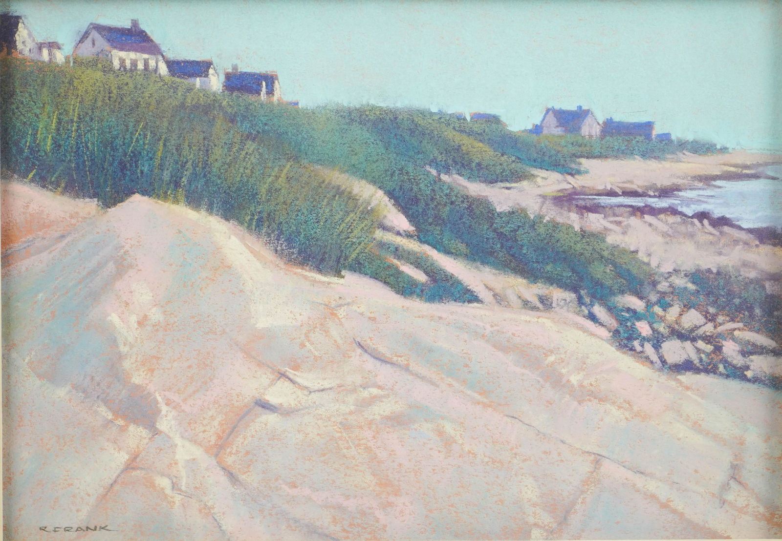 Robert Frank Coastal Landscape: Robert Frank (American, 1902-1975) coastal landscape, pastel on paper, signed "R. Frank", 7" x 10" sight, framed 12-1/2" x 15-1/2", good condition