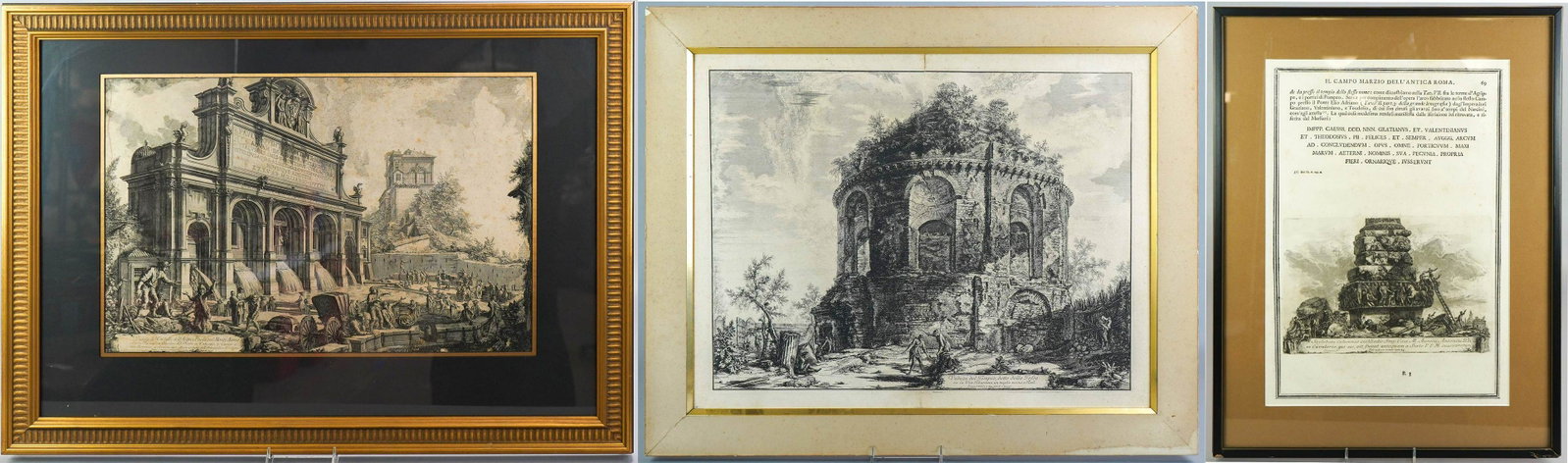 (3) Giovanni Piranesi etchings: Giovanni Piranesi (Italian, 1720-1778) from "Il Campo Marzio dell'Antica Roma", etching on paper, main image measures 7-3/8" x 11-1/4", sight 19" x 13-1/4", good condition, horizontal crease, foxing, 
