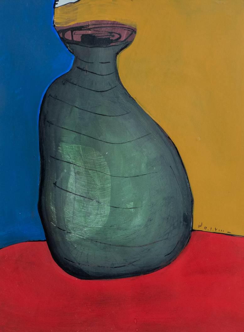 Unver Shafi Khan abstract still life painting: Unver Shafi Khan (Pakistani, b 1961) abstract still life painting, untitled, signed in Urdu, 12-1/2" x 9-1/2" sheet, framed 18-3/4" x 15-3/4", very good condition